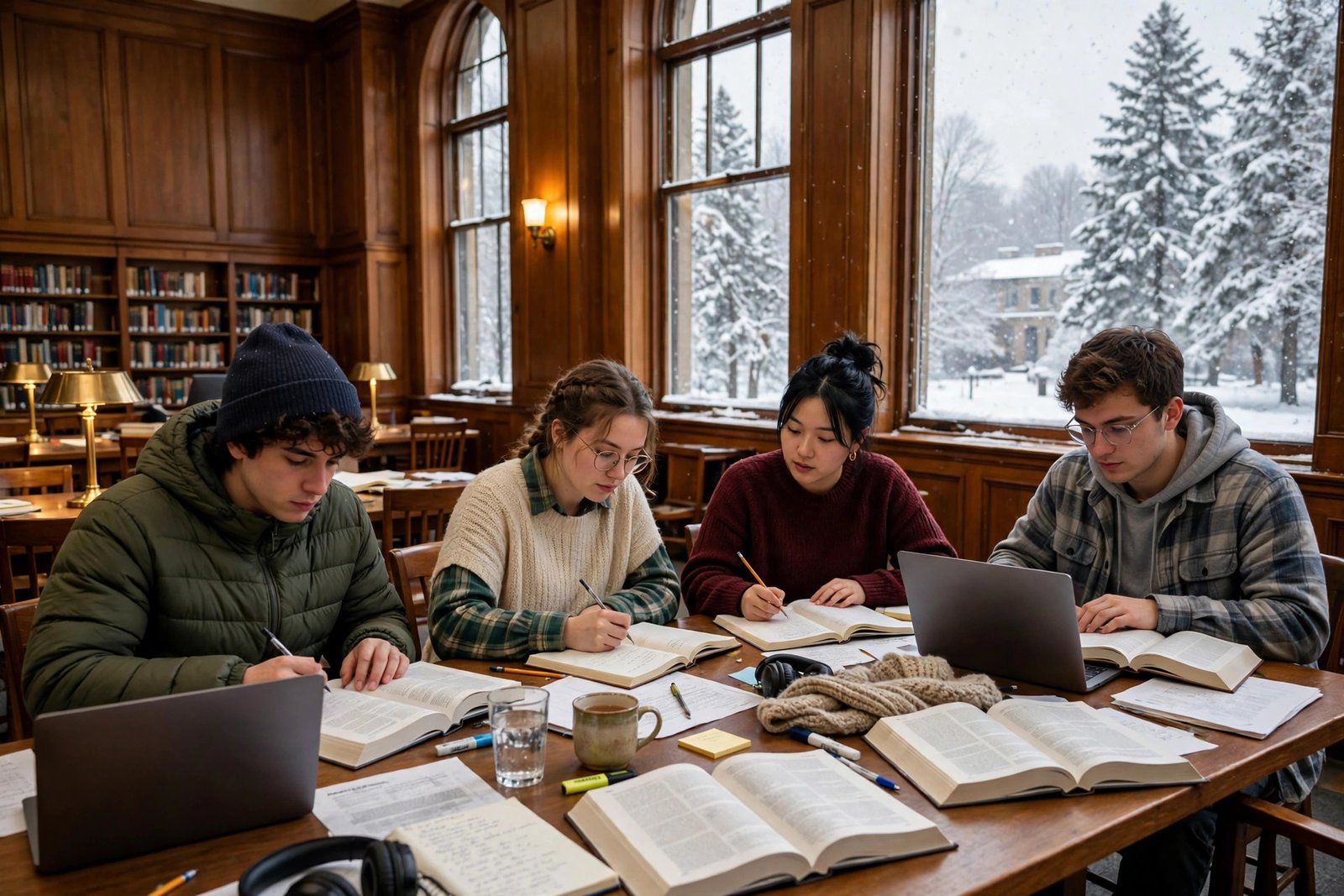 Students studying together in a wood-panelled Dartmouth library in winter while holding Dartmouth scholarships