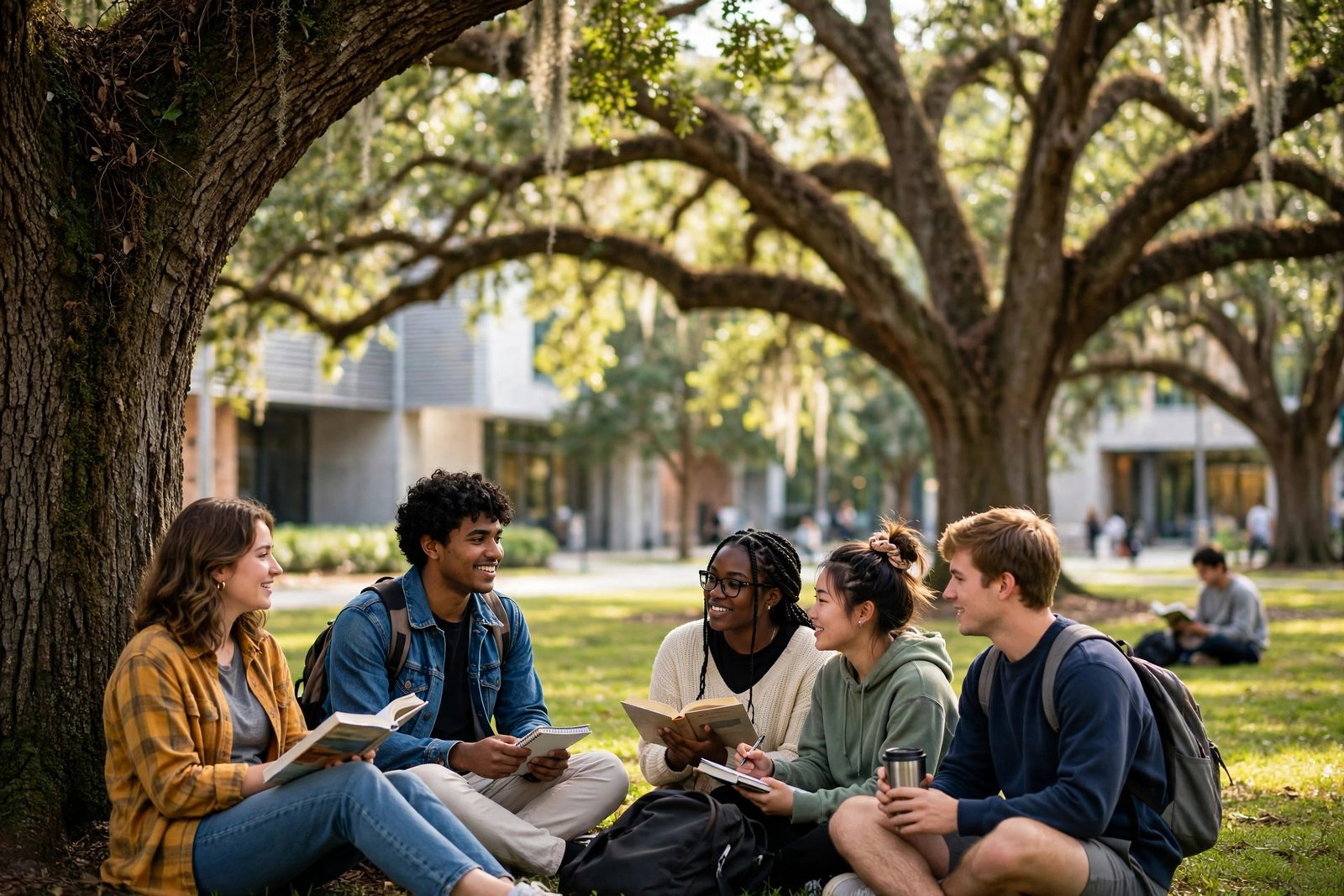 Students relaxing under live oak trees on a Houston campus while researching Rice University scholarships