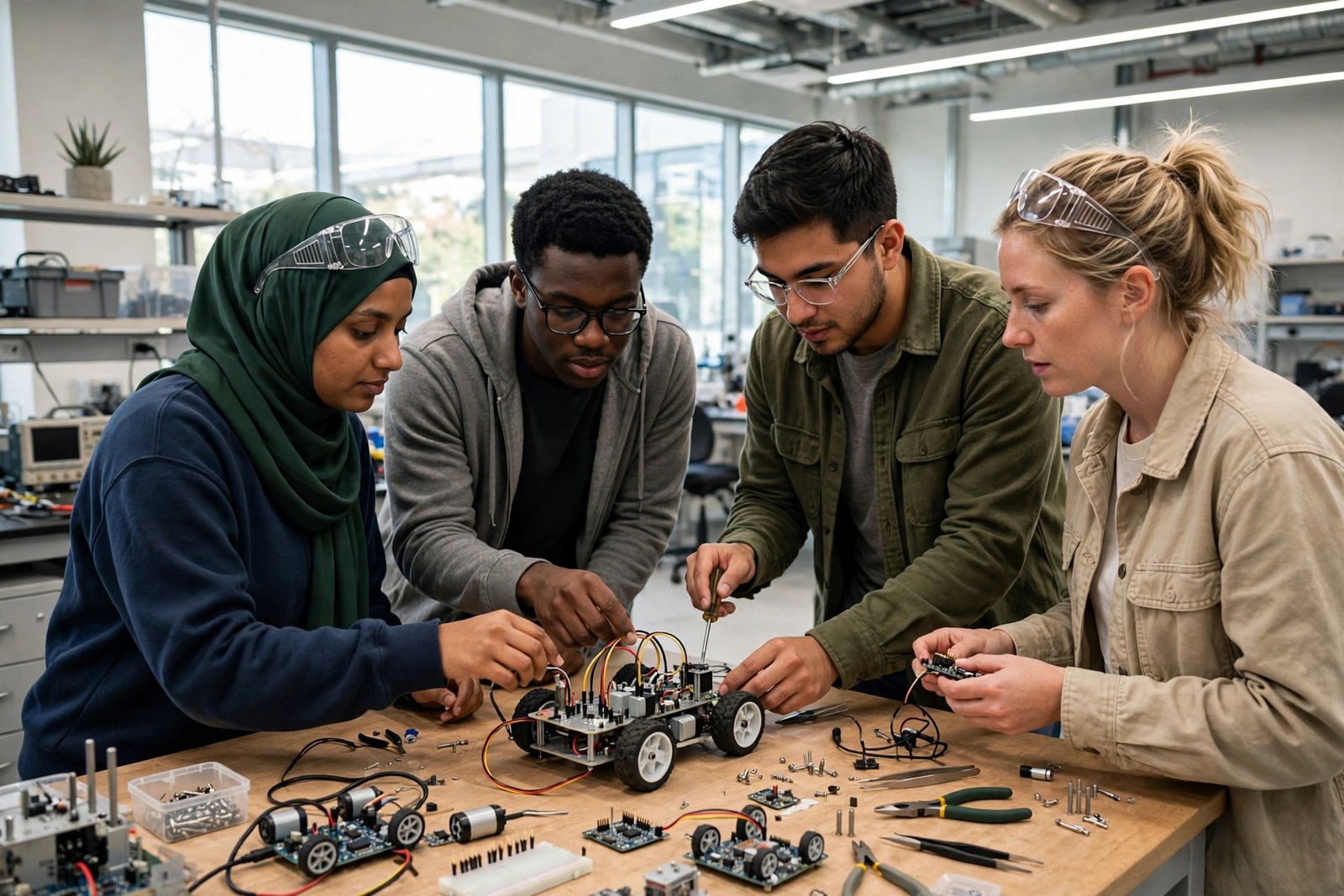Engineering students collaborating on a robotics project in a Houston university laboratory under Rice University scholarships