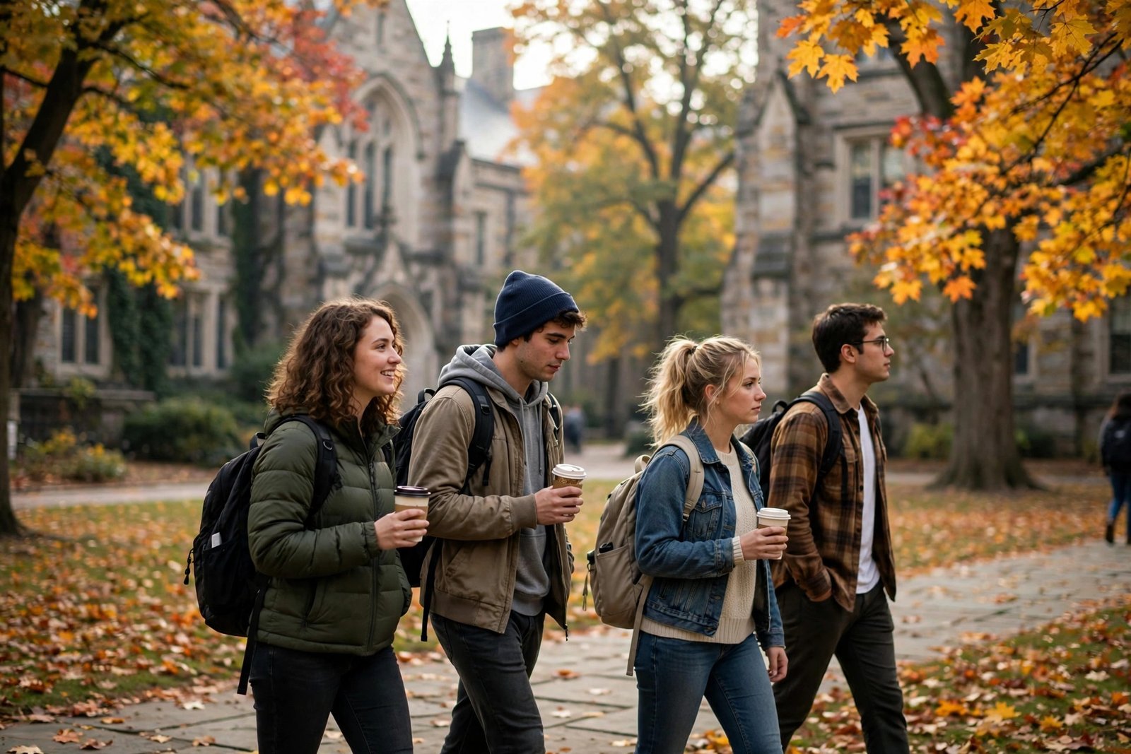 Students crossing a leafy St Louis campus quadrangle in autumn while researching Washington University in St Louis scholarships