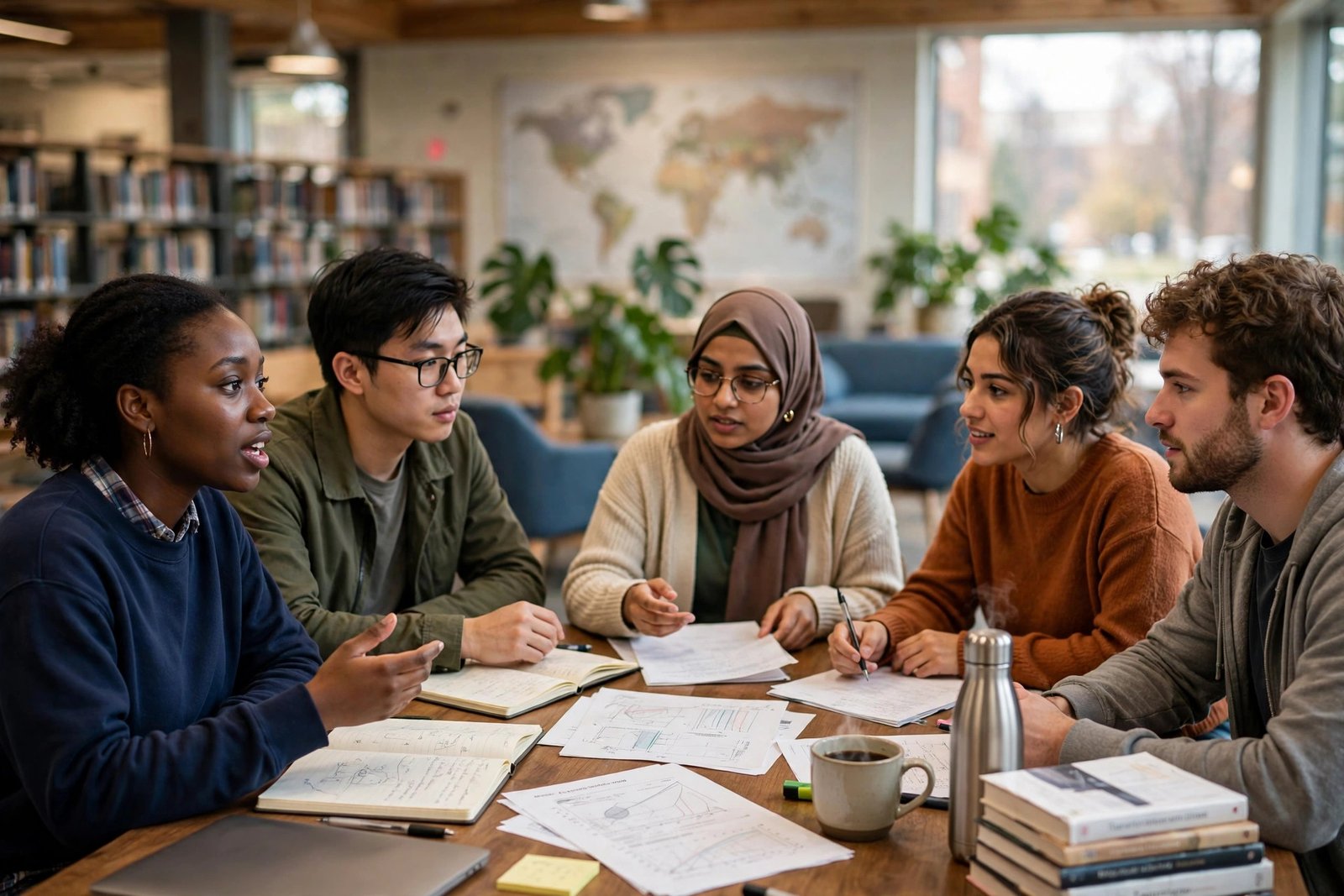Graduate students from many countries discussing research in a university common room, relevant to the WashU McDonnell Academy