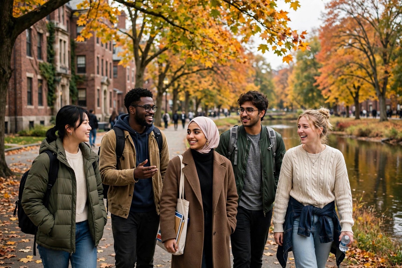 International students walking on a Boston university campus in autumn while considering Boston University scholarships