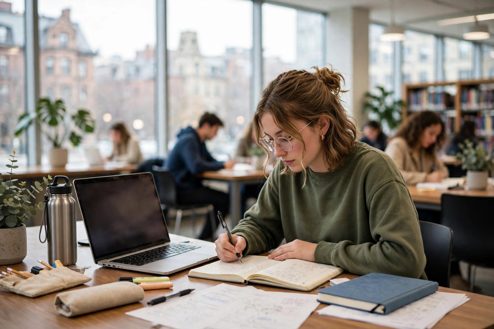 Student studying in a university library while preparing a Boston University scholarship application