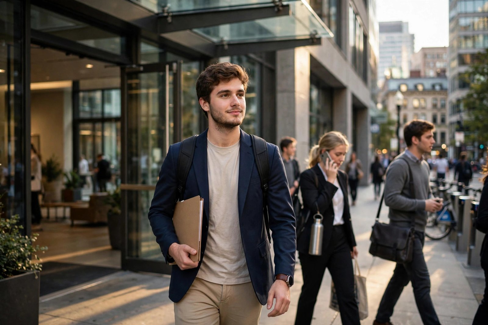 University student leaving a Boston office after a co-op placement linked to Northeastern University scholarships planning