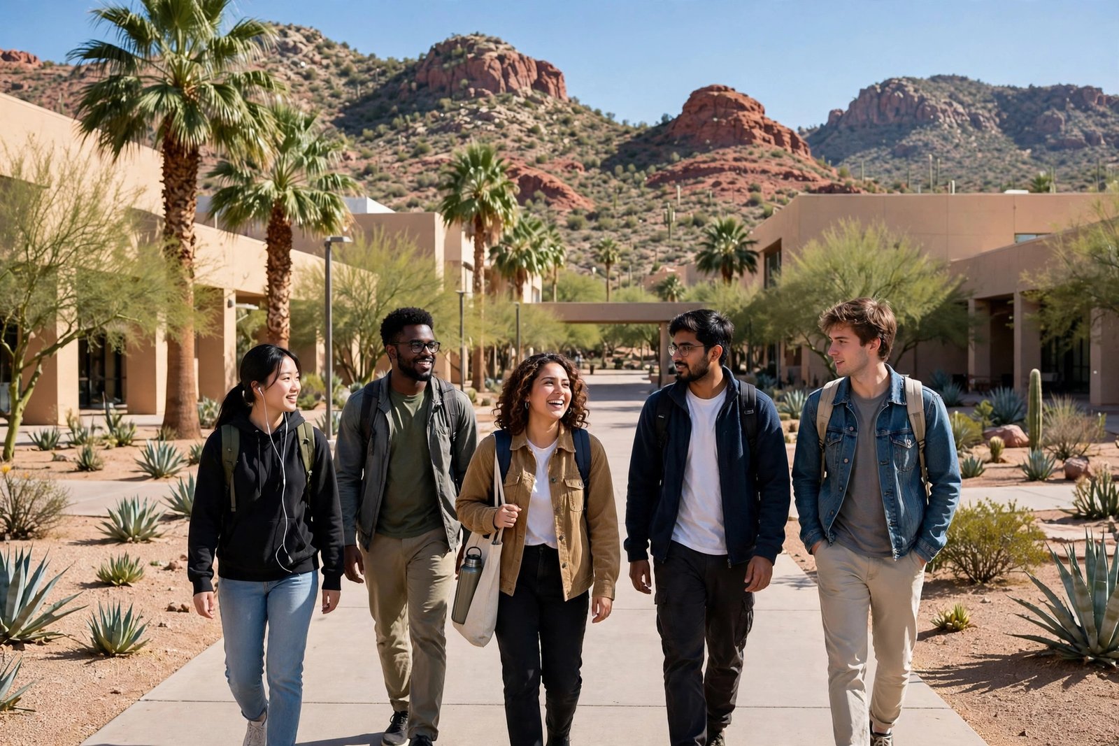 Students on a sunny desert campus in Tempe, Arizona, home of Arizona State University scholarships for new international students