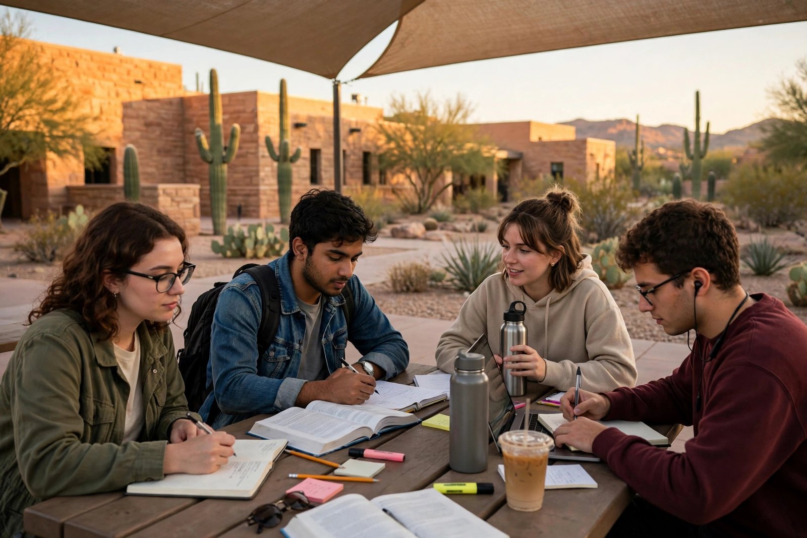 Students studying outdoors in desert light while planning Arizona State University merit scholarship budgets