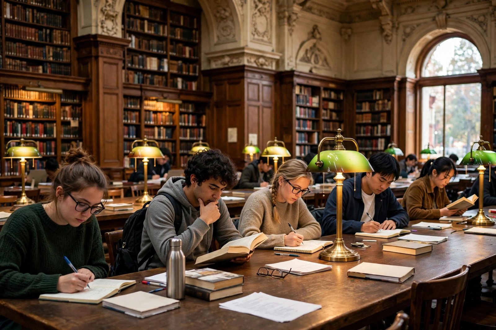 Students studying in a grand historic Oxford library reading room