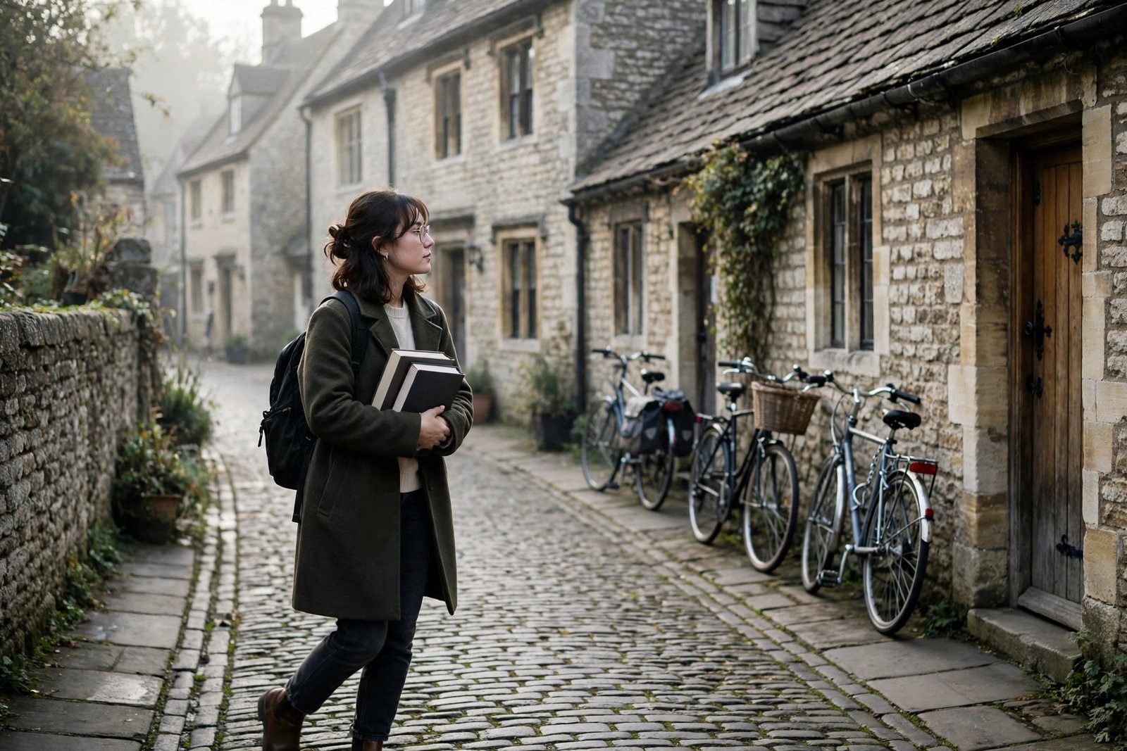 Graduate student walking with books through a cobbled lane in historic Oxford