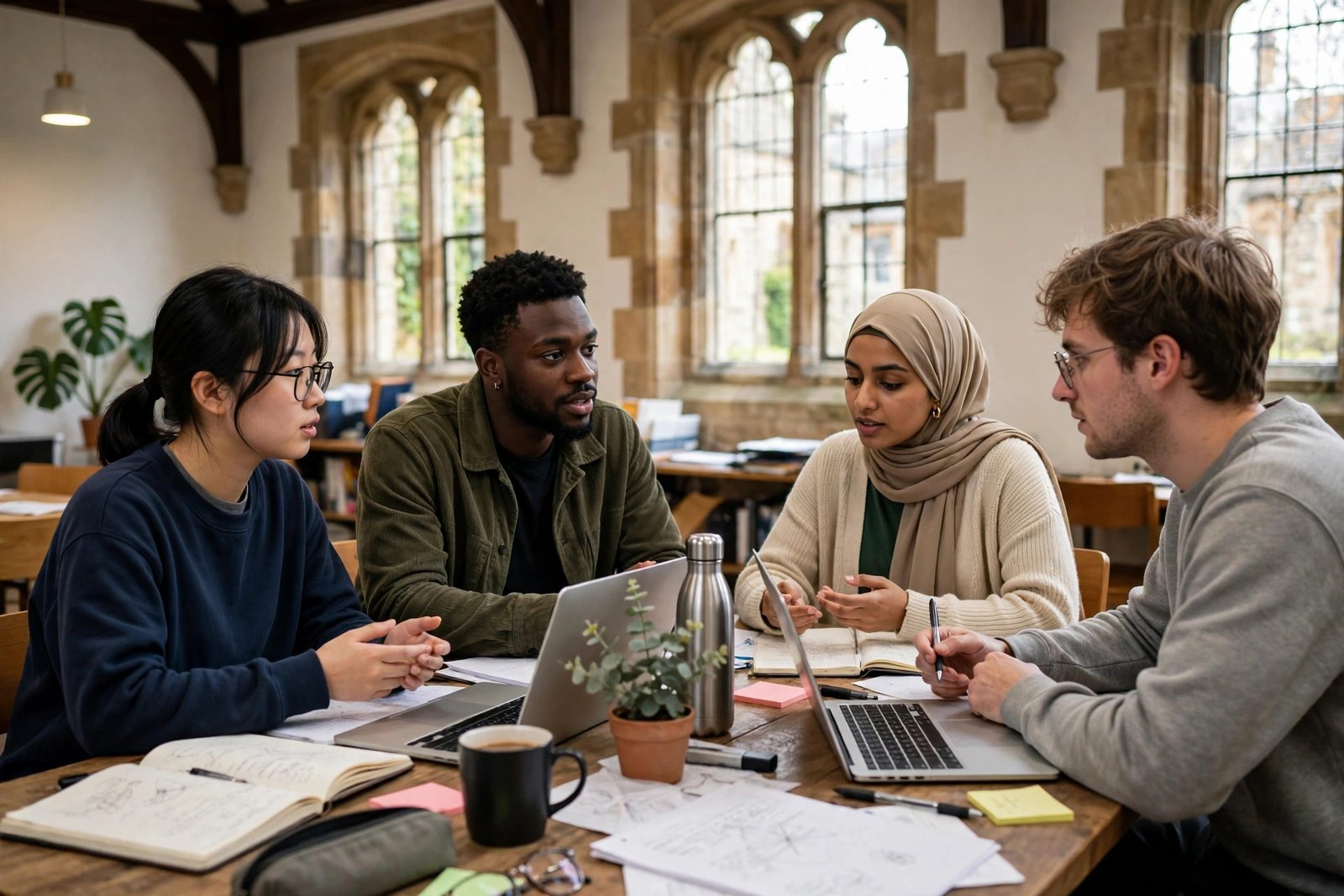 Postgraduate researchers discussing their work in a bright Oxford common room