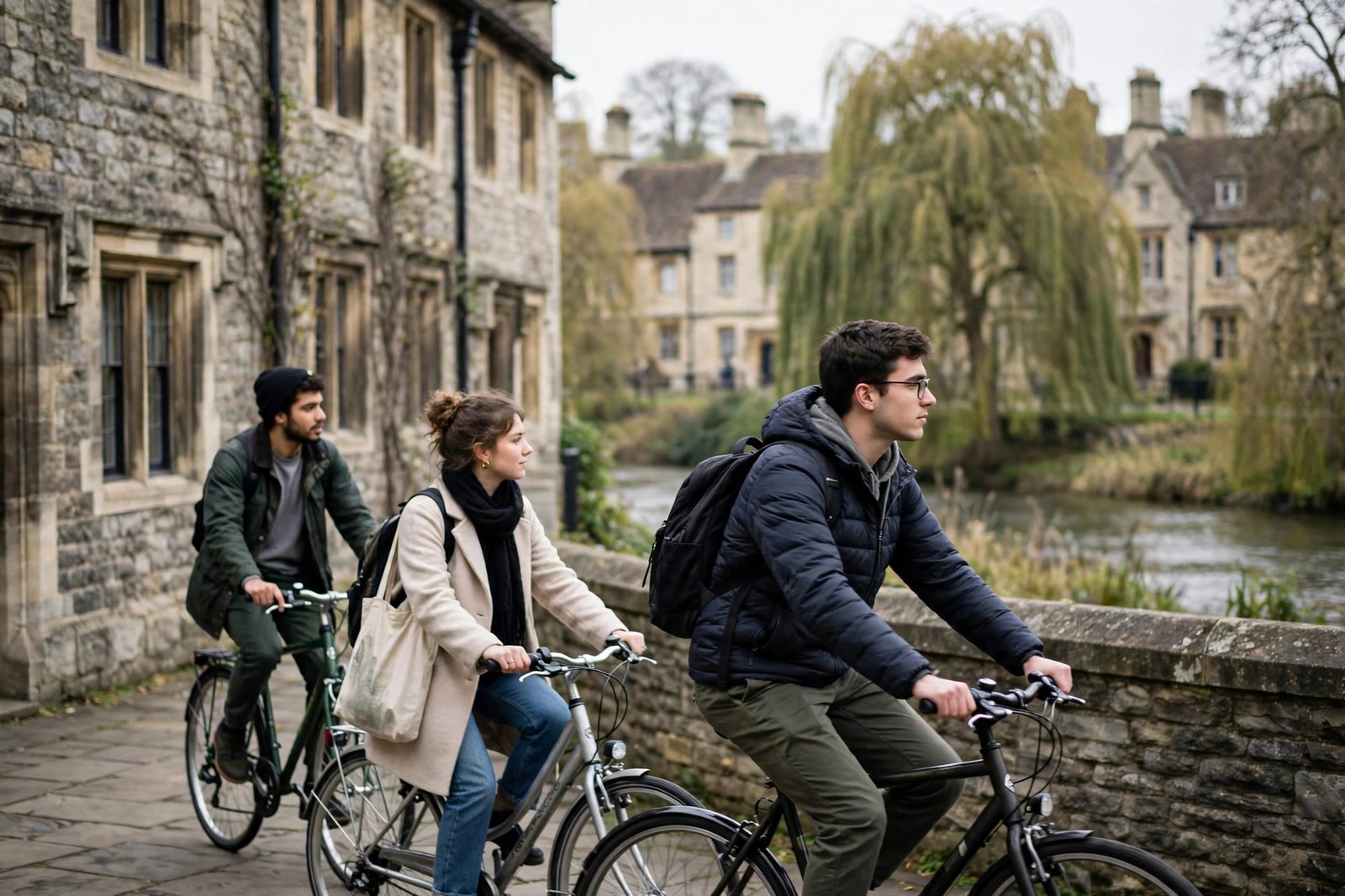 Students cycling through a historic Cambridge university town street