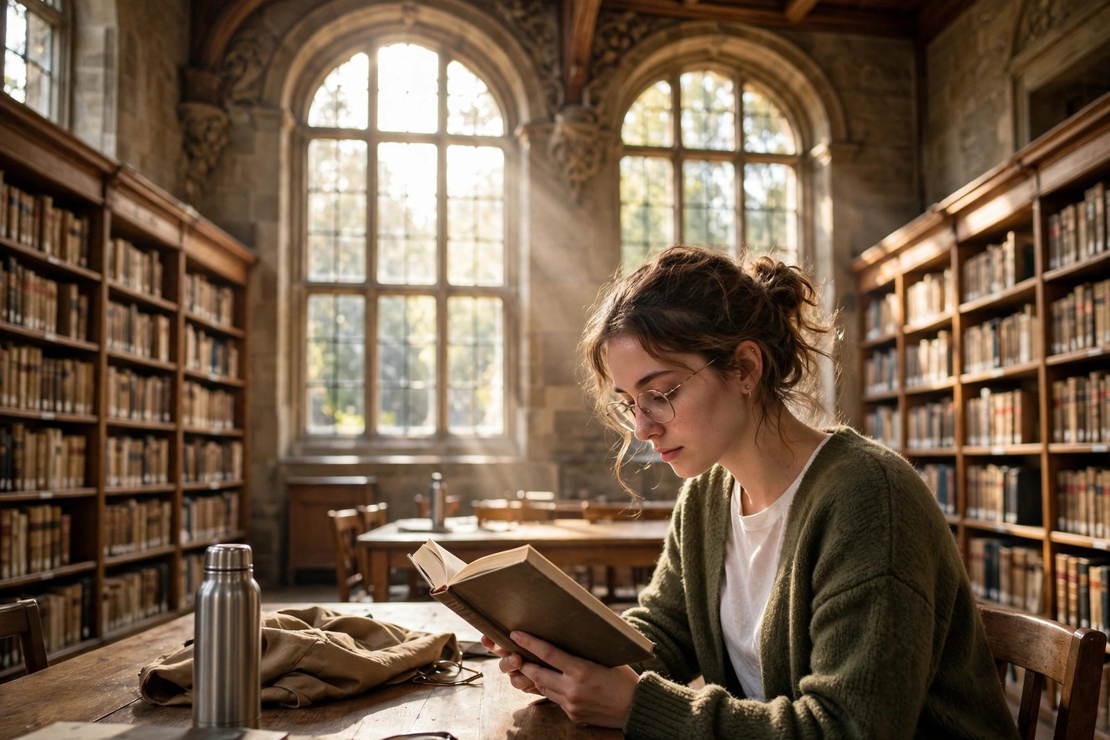 Student reading in a sunlit historic Cambridge university library