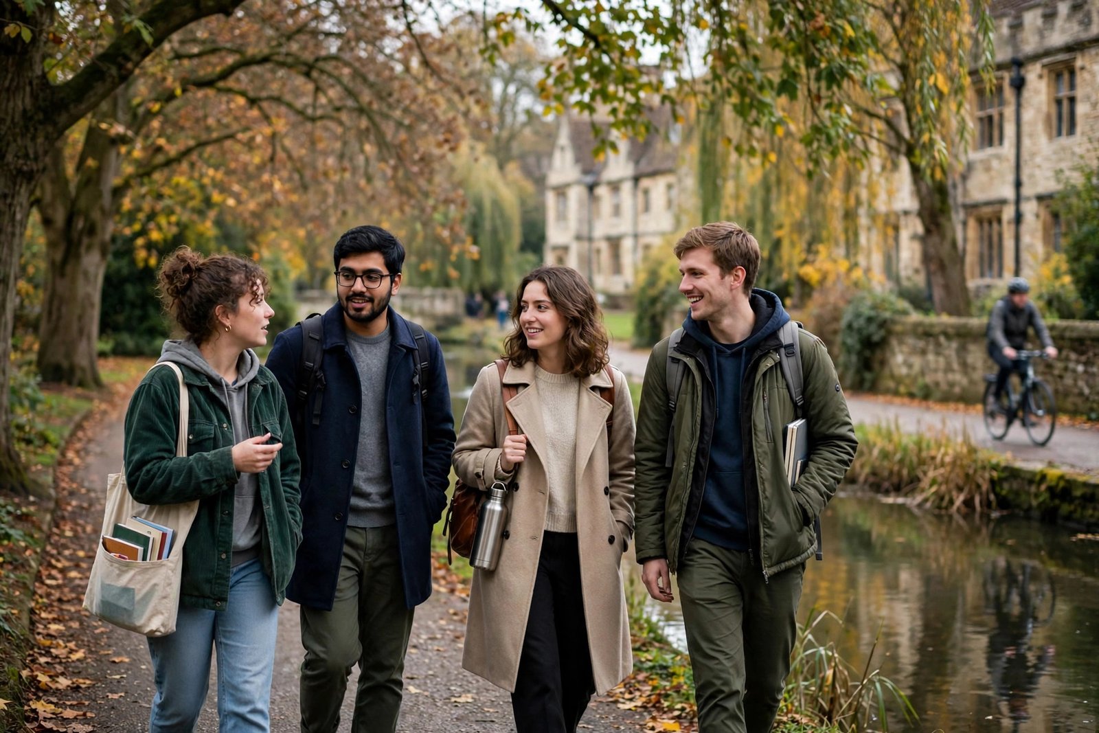 Postgraduate students walking beside a river in a historic Cambridge university town
