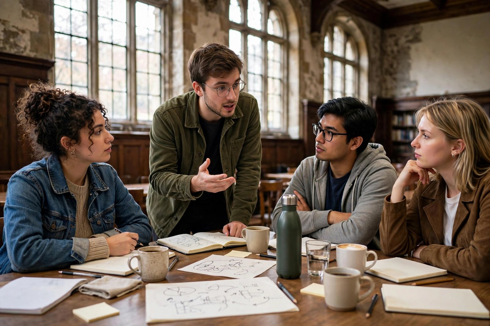 Researcher presenting ideas to fellow graduate students in a Cambridge seminar room
