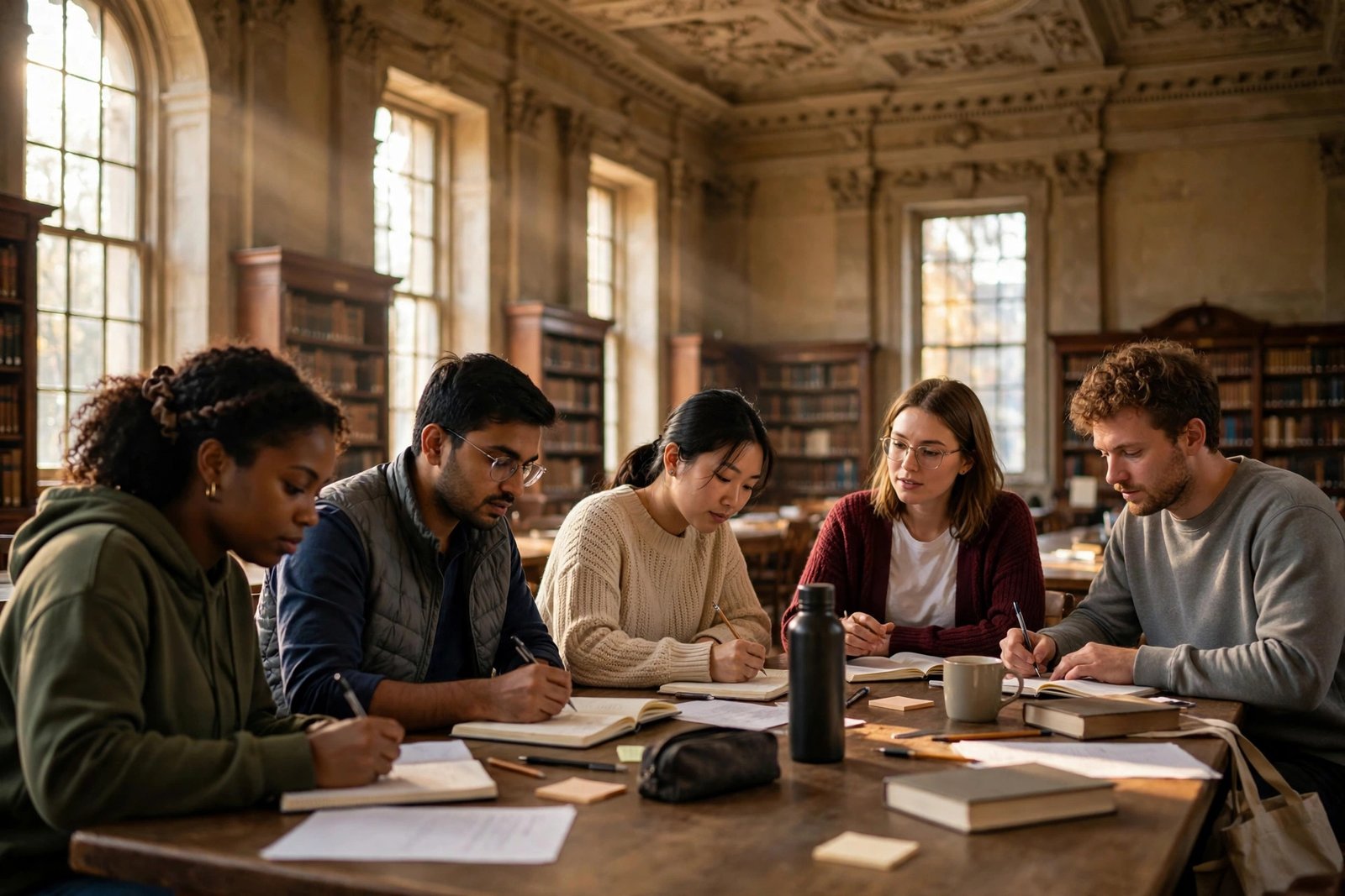 Students studying in a historic London library while researching UCL scholarships for international students