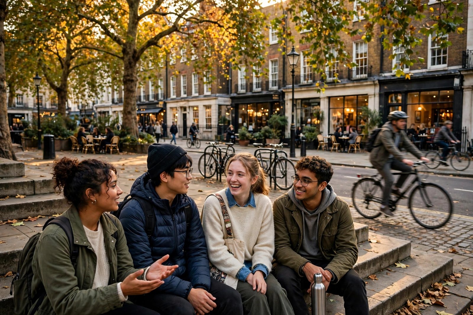 International students talking on stone steps in Bloomsbury, London, home of UCL scholarships and funding