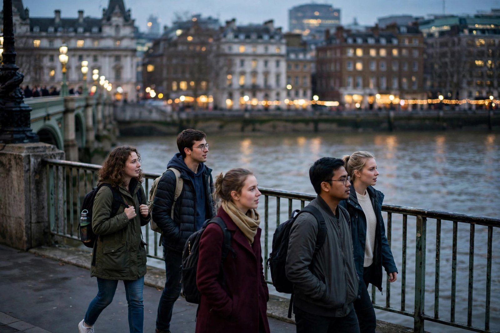 Students crossing a bridge over the River Thames in central London near King's College London scholarships