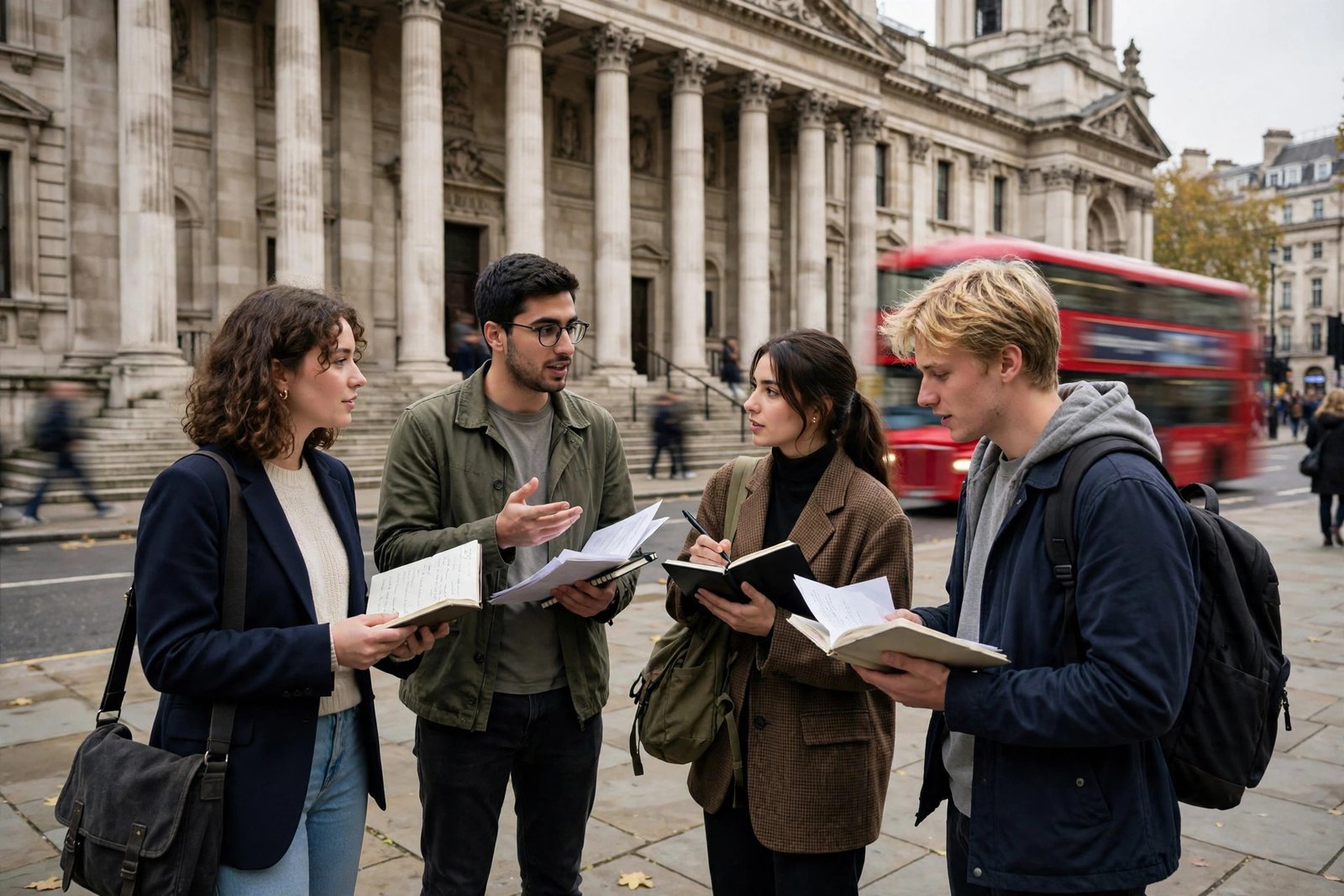 Law students discussing notes on the Strand in London, home of the Dickson Poon School of Law at King's