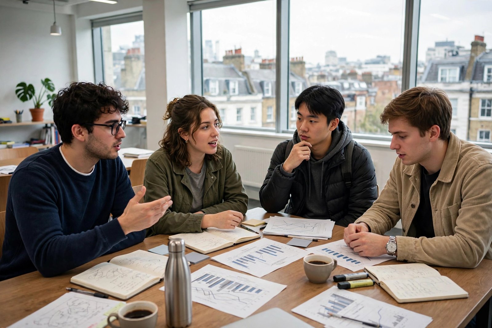 Postgraduate students in a seminar discussion in London, researching LSE scholarships for international students