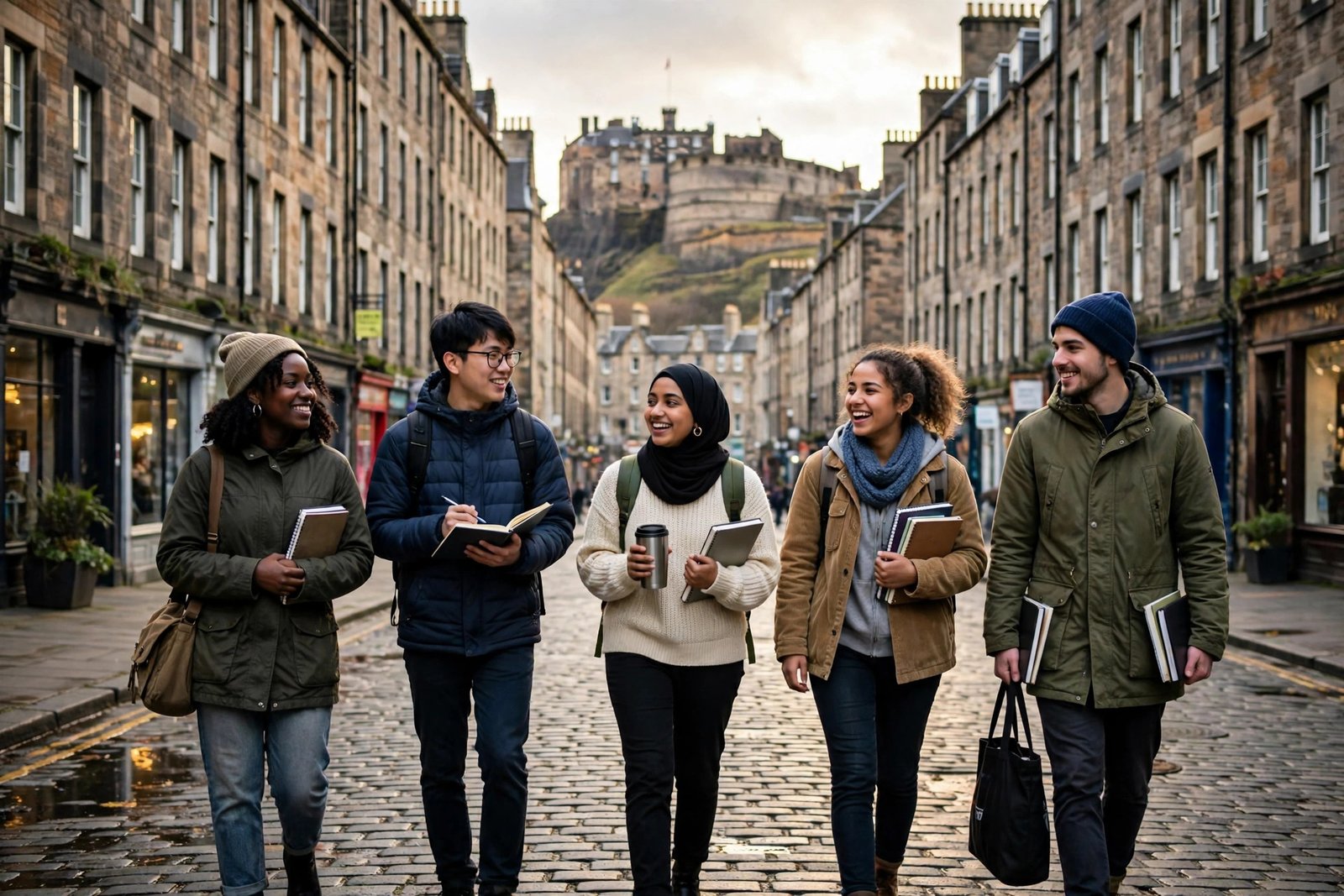 International students walking through a historic street in Edinburgh, Scotland