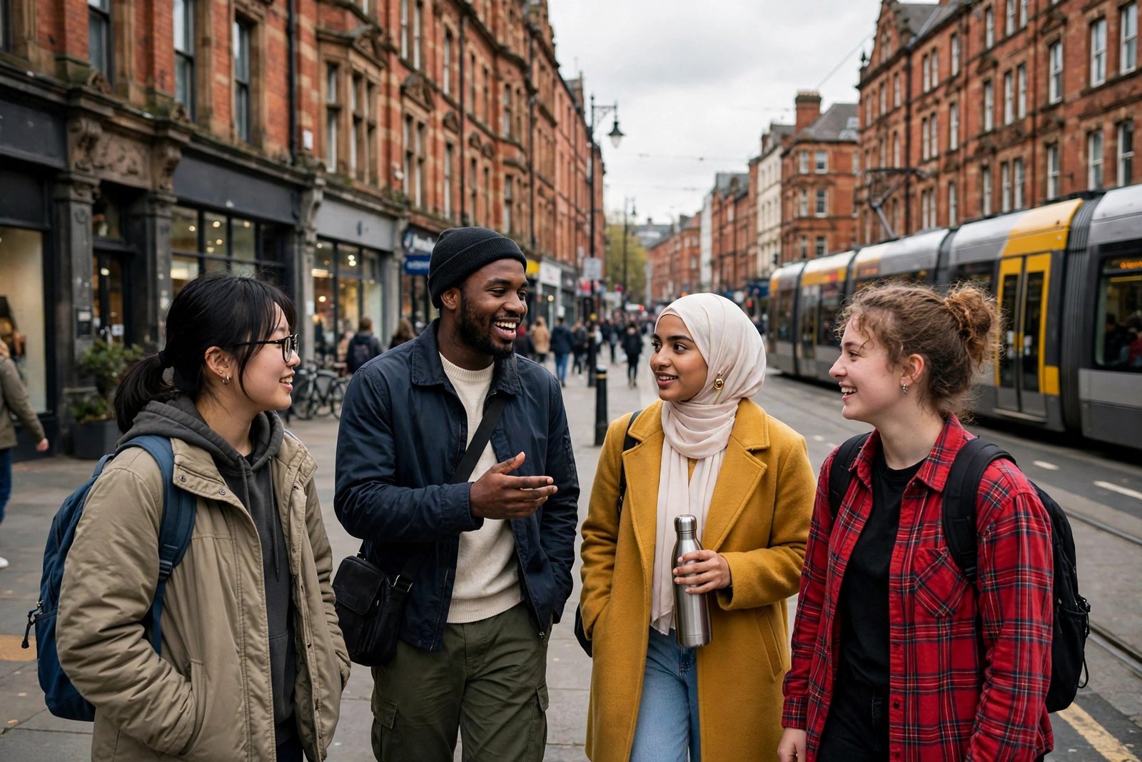 International students walking past red-brick buildings and a tram in Manchester