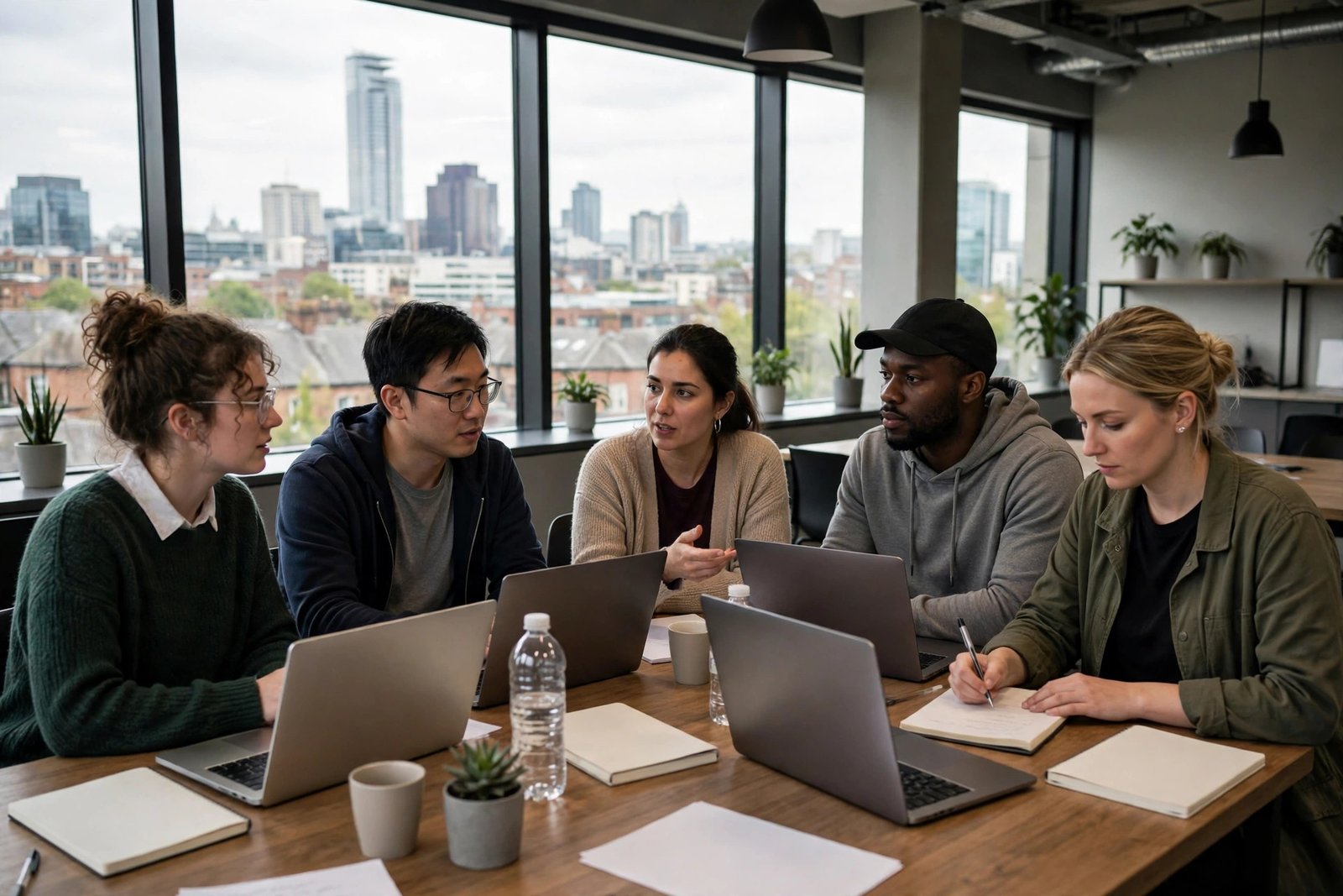 Postgraduate students collaborating in a modern study space in Manchester