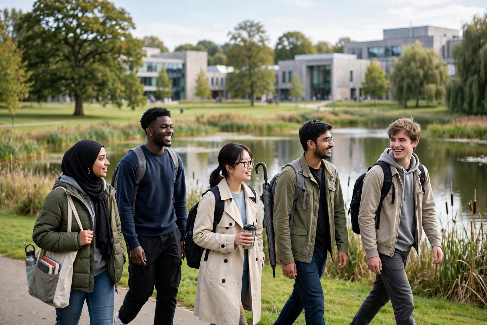 International students walking across a green university campus in Warwickshire