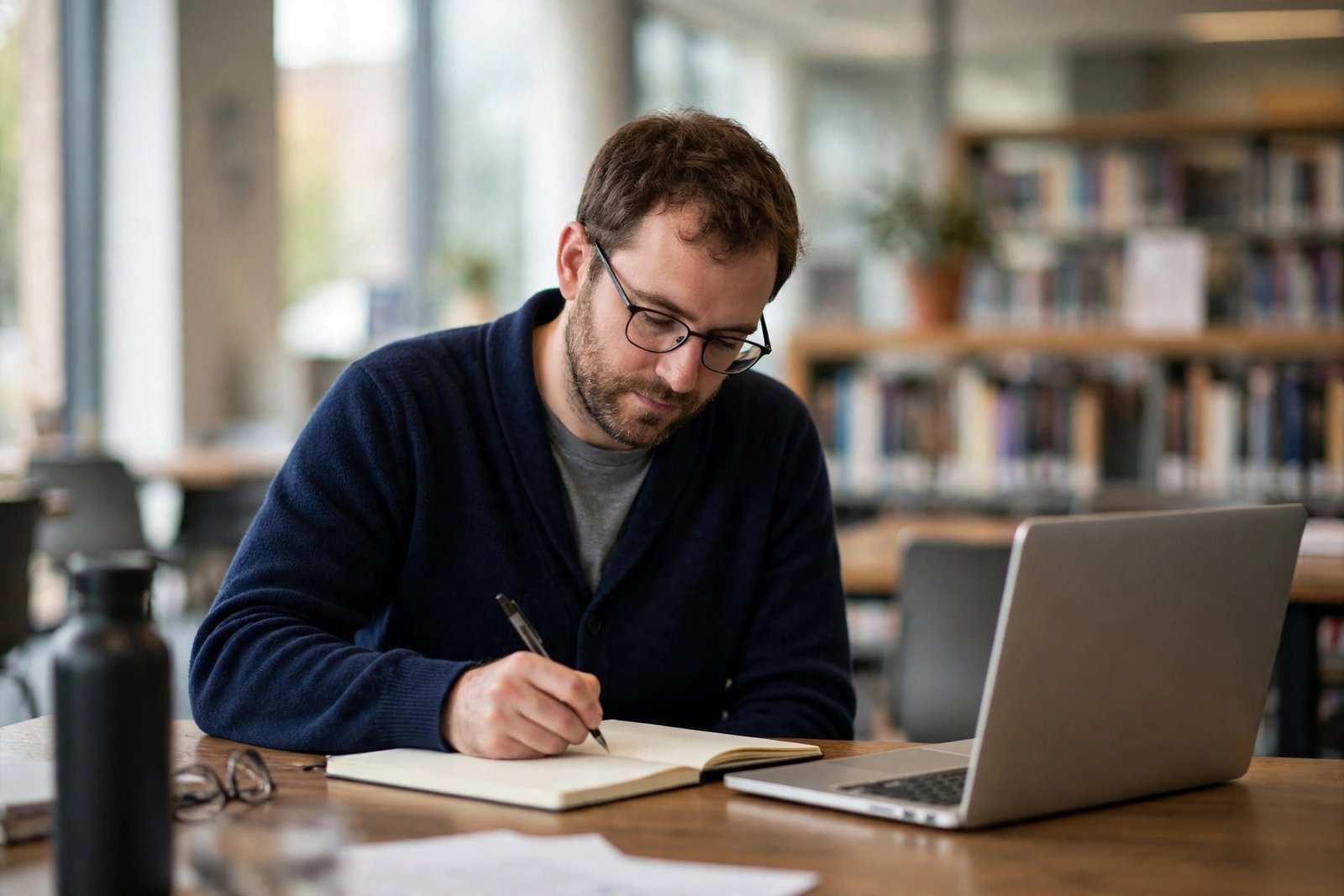 Doctoral researcher writing in a modern research library in the English Midlands