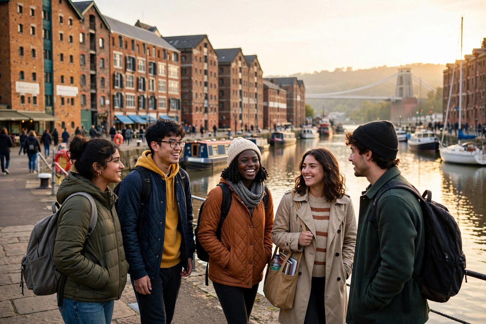 International students walking along the harbourside in Bristol, England