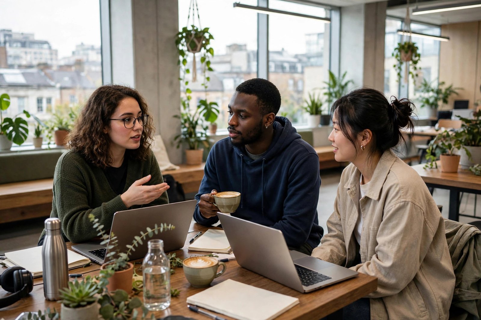 Postgraduate students discussing a project in a bright study hub in Bristol