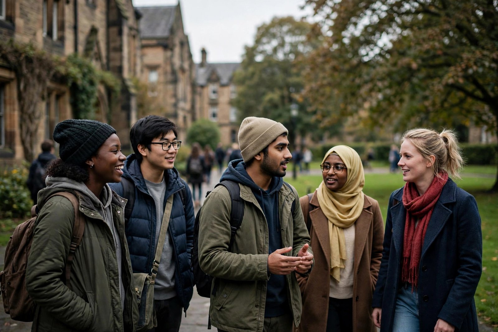 International students walking across a leafy historic university campus in Glasgow, Scotland
