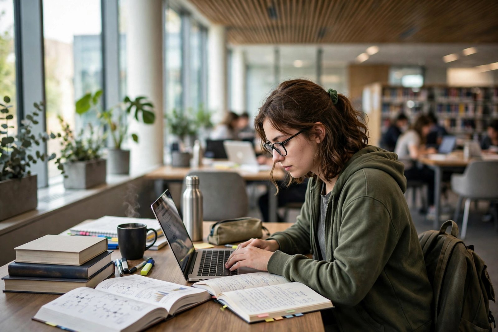 Postgraduate student researching scholarship funding in a modern university library in Glasgow