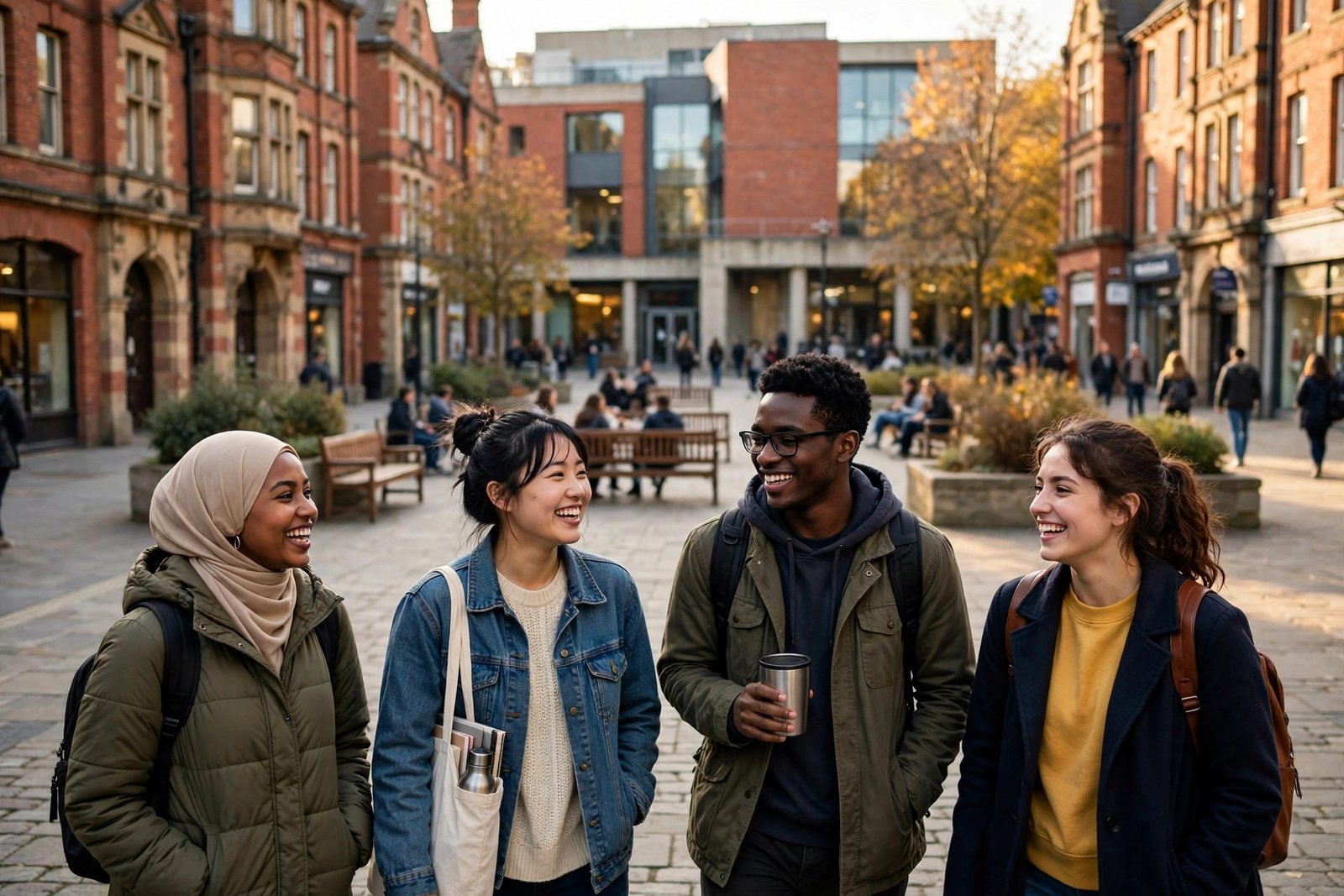 International students walking through a lively city-centre campus in Leeds, England