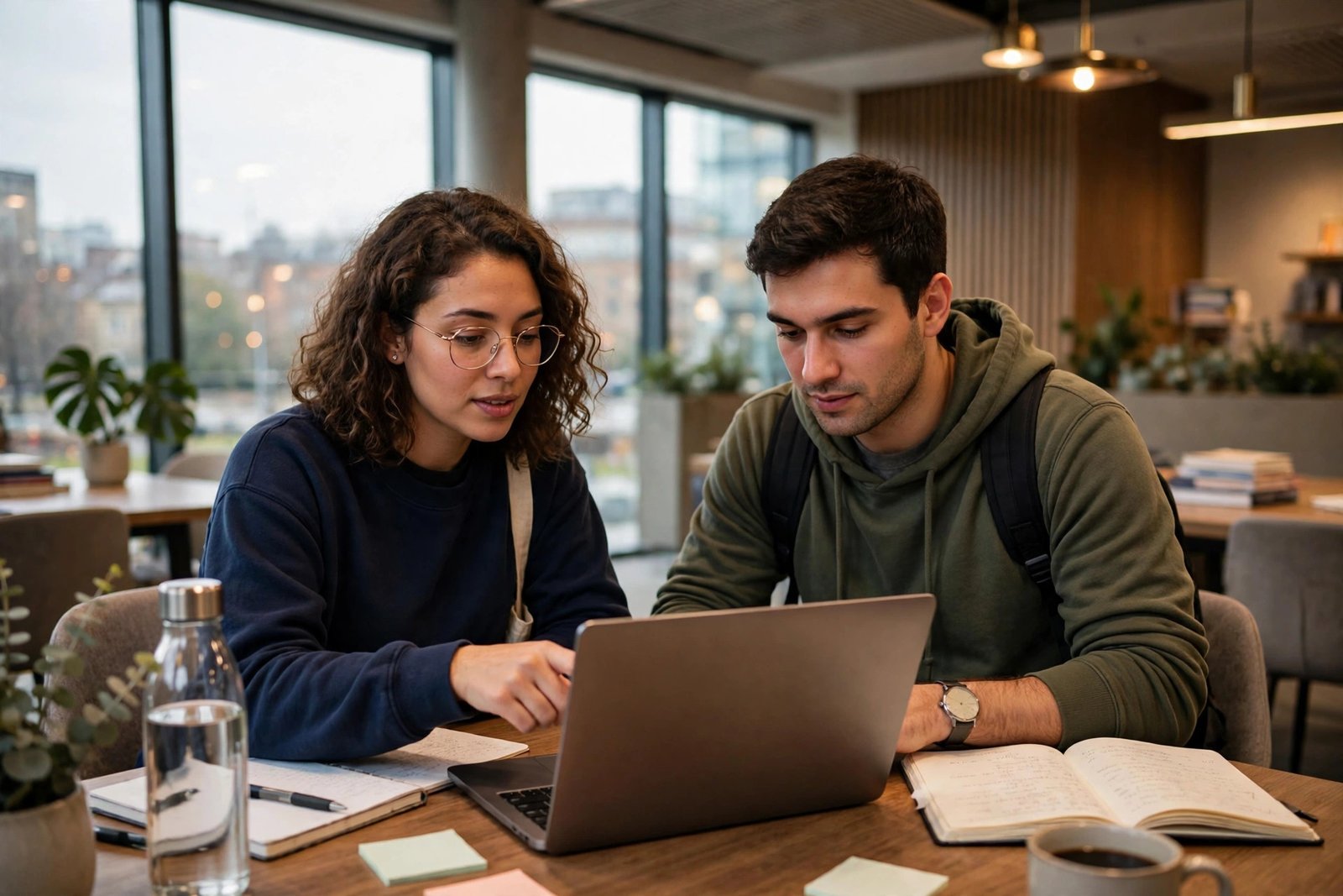 Graduate students collaborating on a scholarship application in a modern study space in Leeds