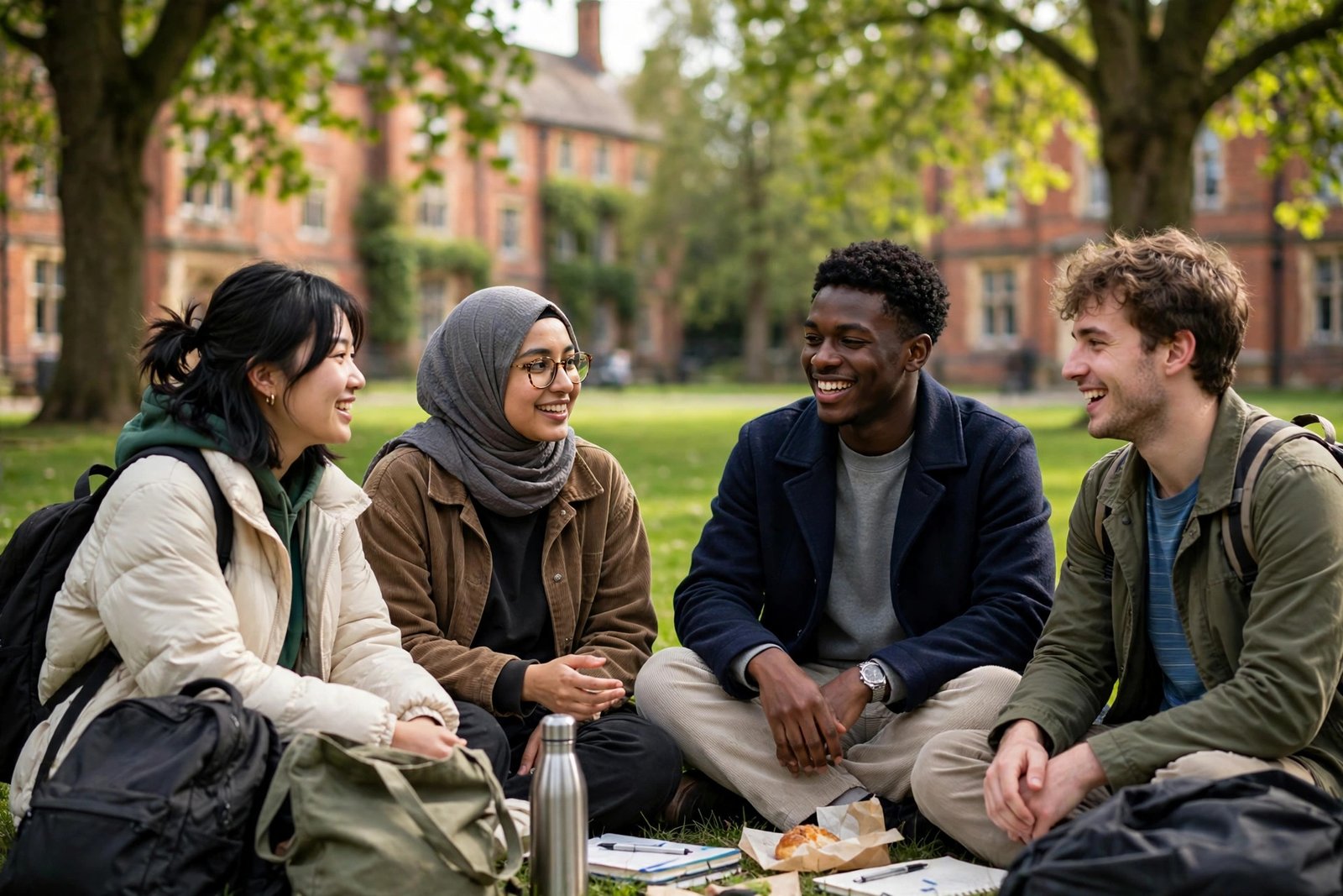 International students on a green parkland university campus in Birmingham, England