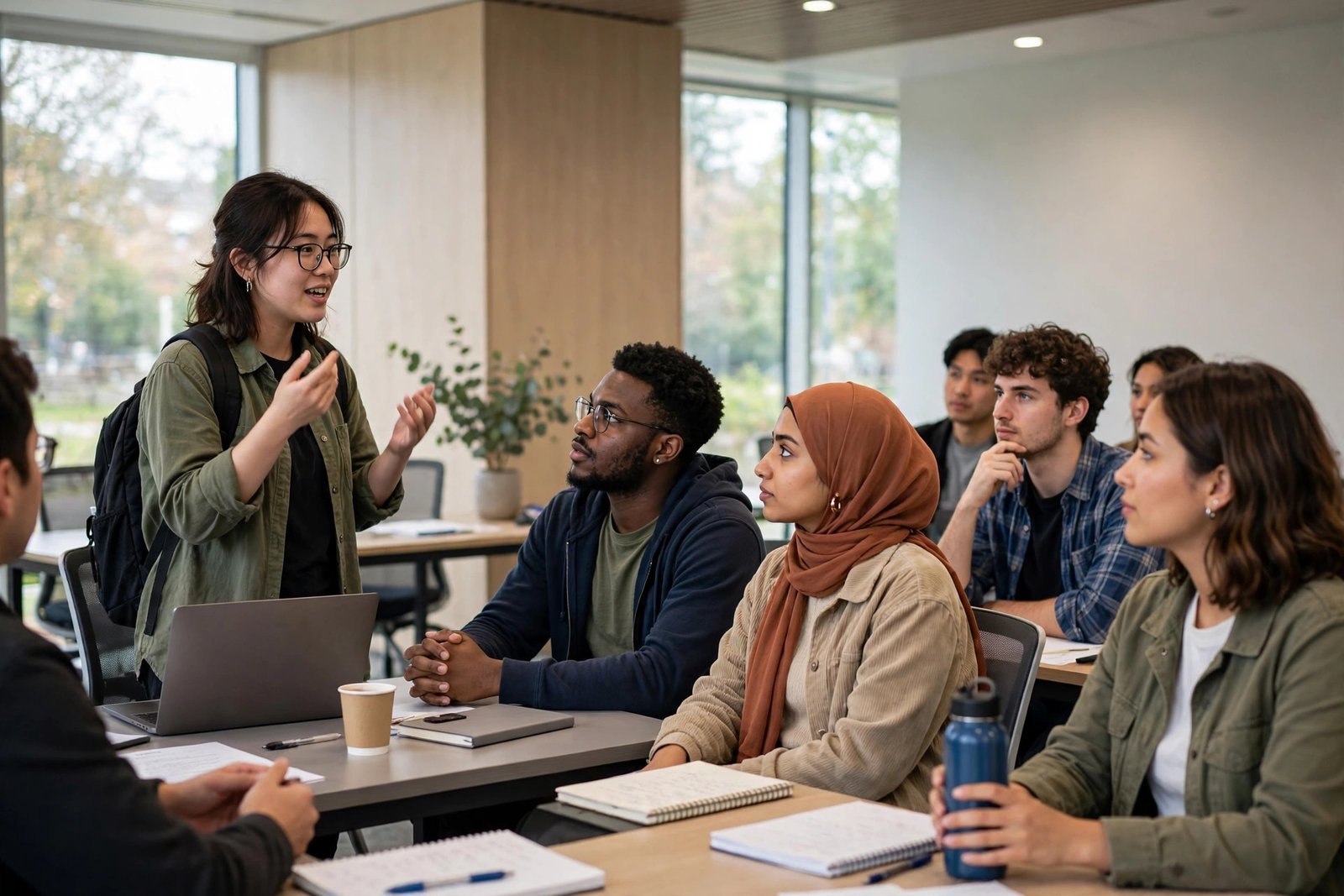 Master's student presenting research to a seminar group at a university in Birmingham