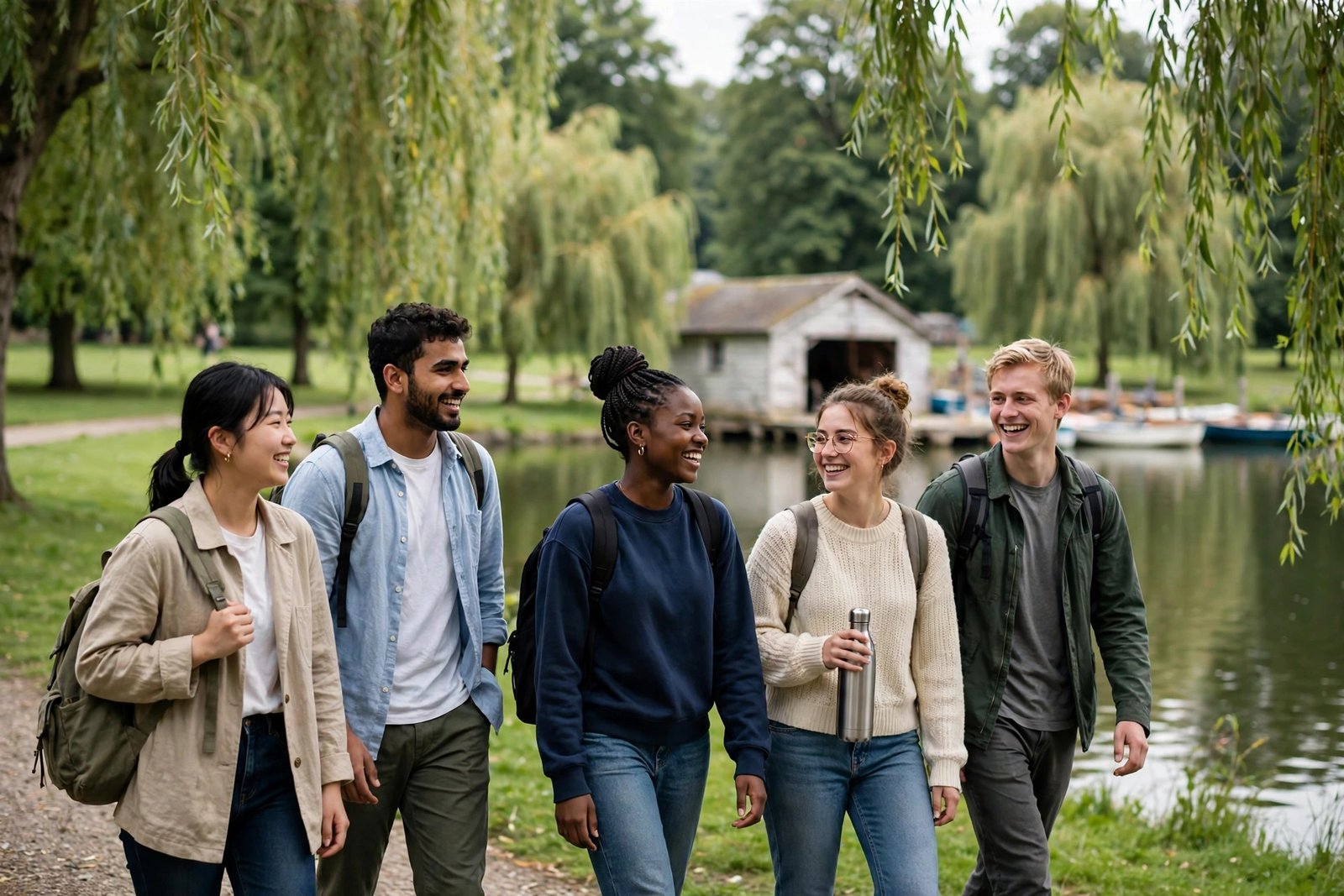 International students walking beside a lake on a green parkland campus in Nottingham, England