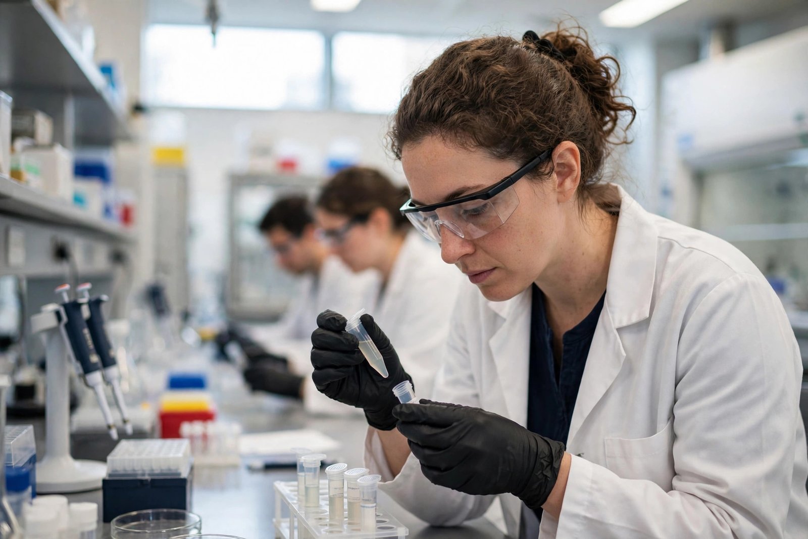 Doctoral researcher working in a bright modern laboratory at a university in Nottingham