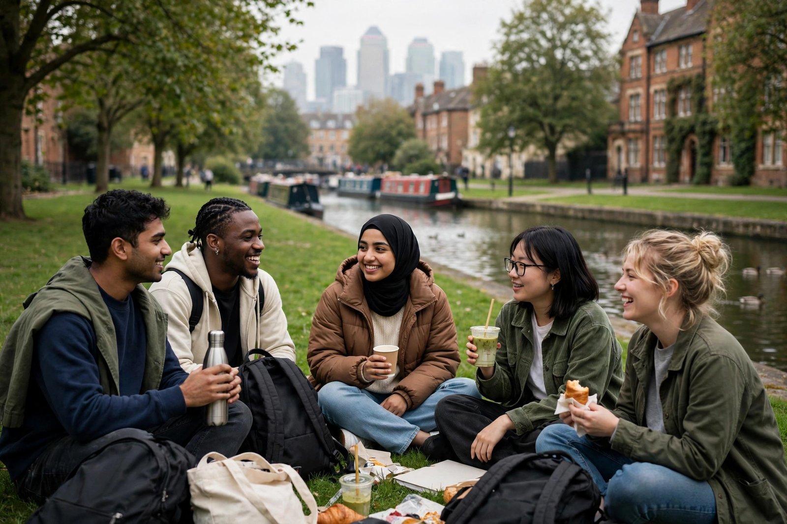 International students on the Queen Mary University of London campus in East London