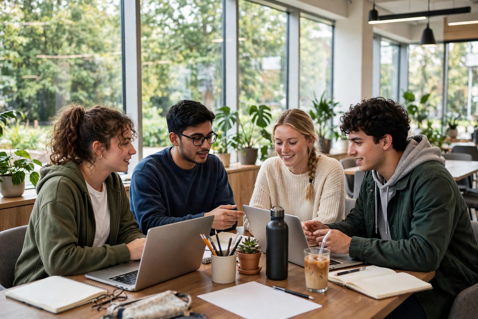 Students collaborating in a bright modern study hub at the University of Exeter