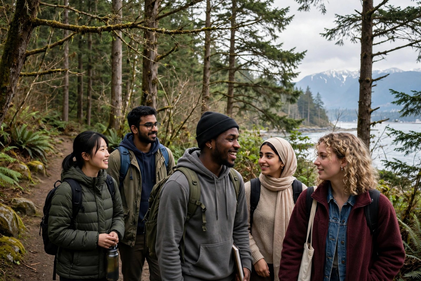 International students walking on a forested coastal campus in Vancouver, British Columbia