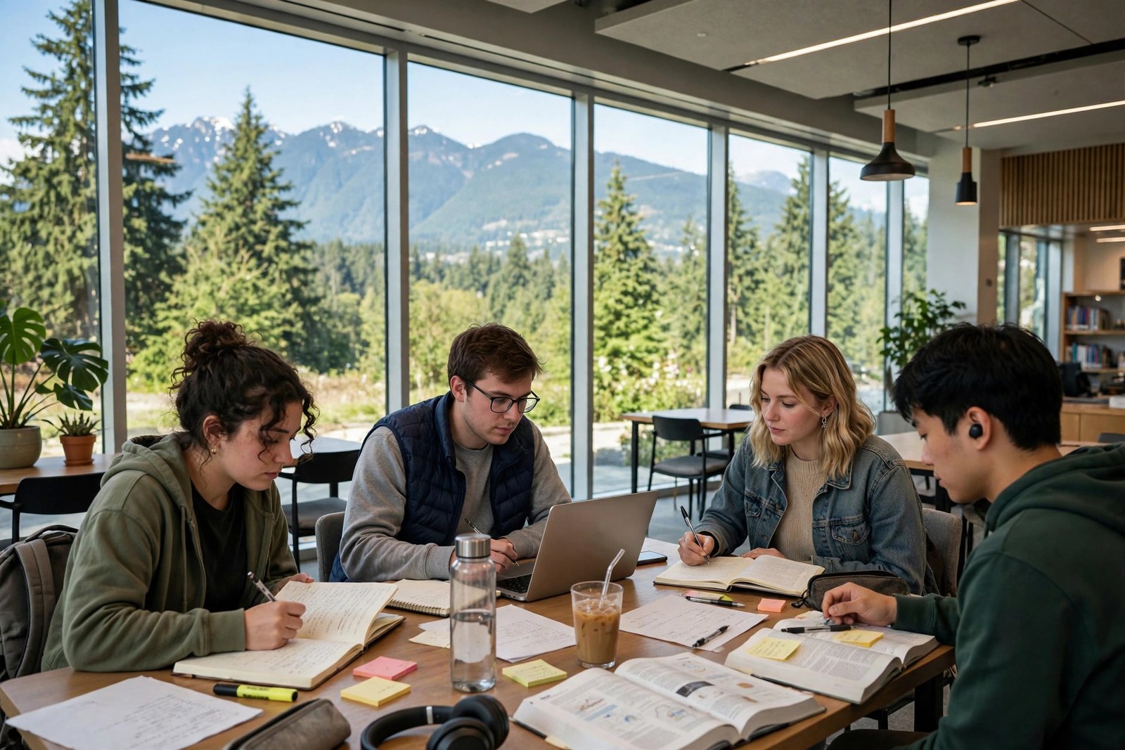 Students studying in a bright learning commons in Vancouver with mountain views
