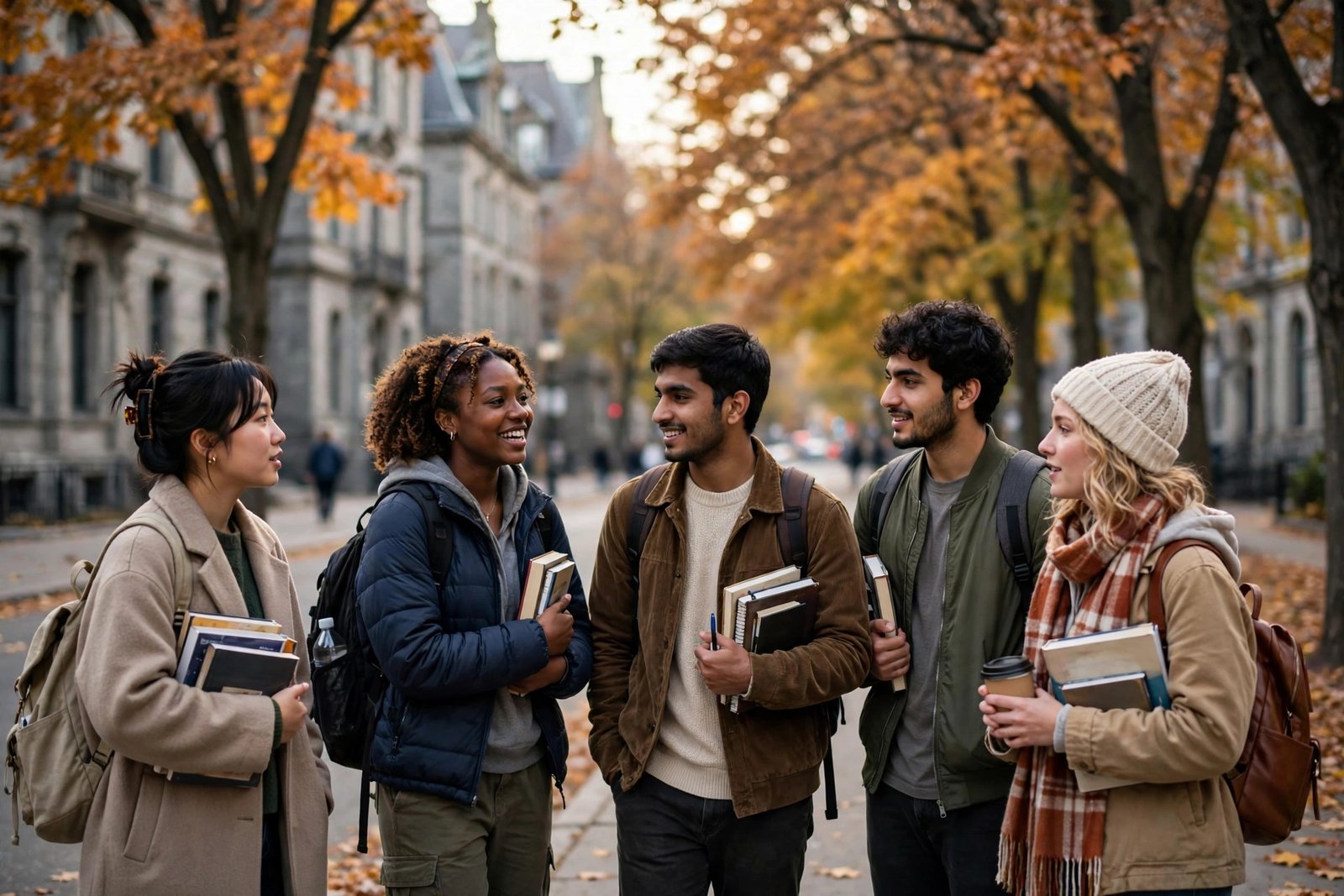 International students walking on a tree-lined Montreal street near campus in autumn, McGill University scholarships guide