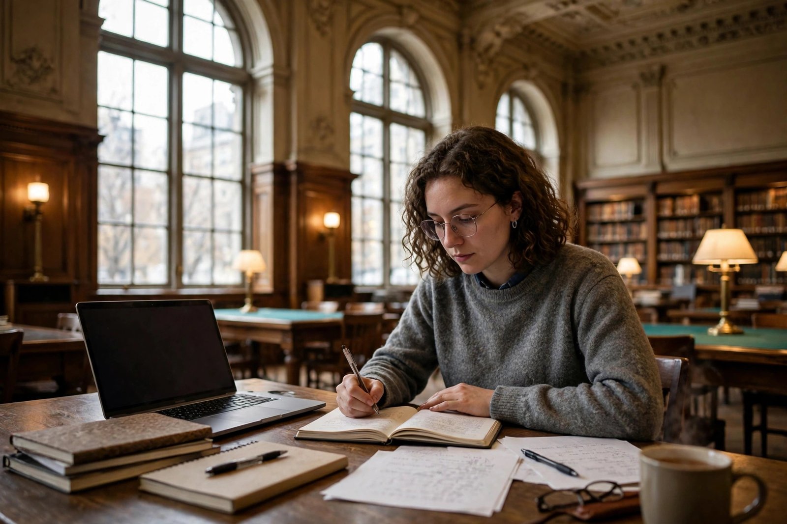Graduate student studying in a historic library reading room in Montreal, McGill funding and bursaries