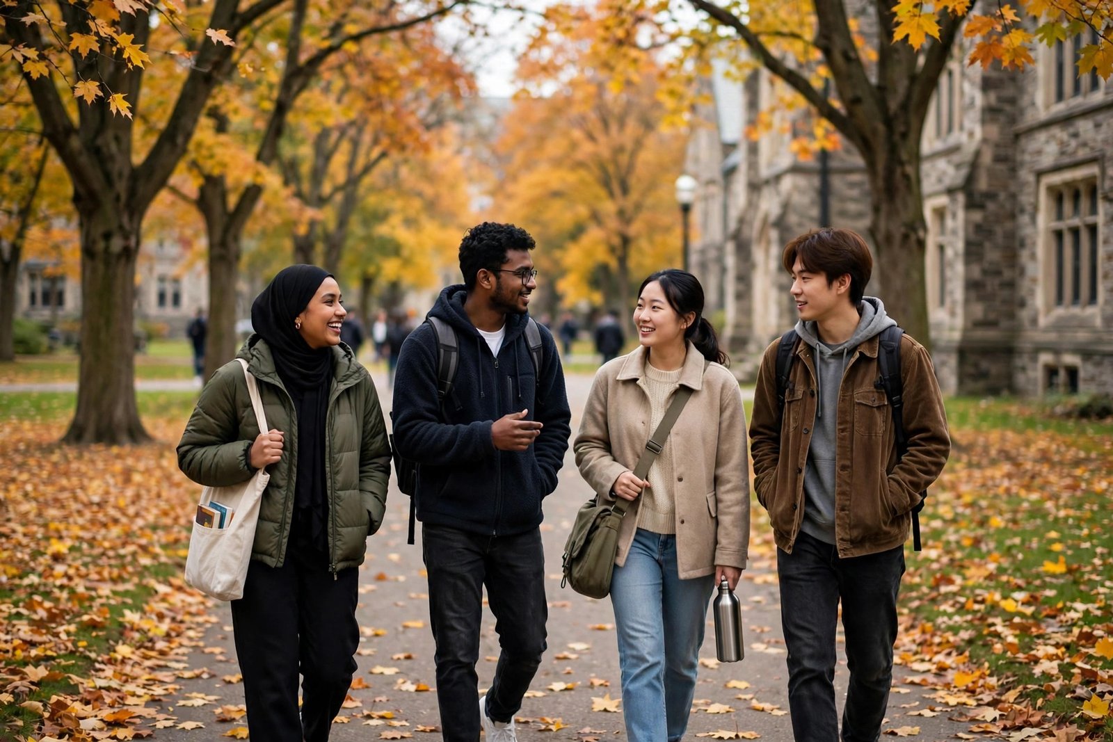 International students walking on a tree-lined campus path at a university in London, Ontario while researching Western University scholarships