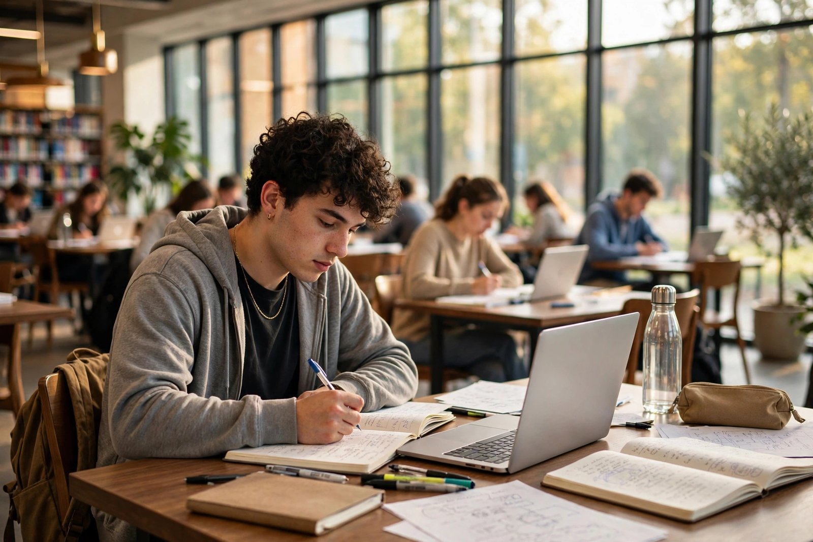 Student studying in a bright university library while planning a Western University scholarship application
