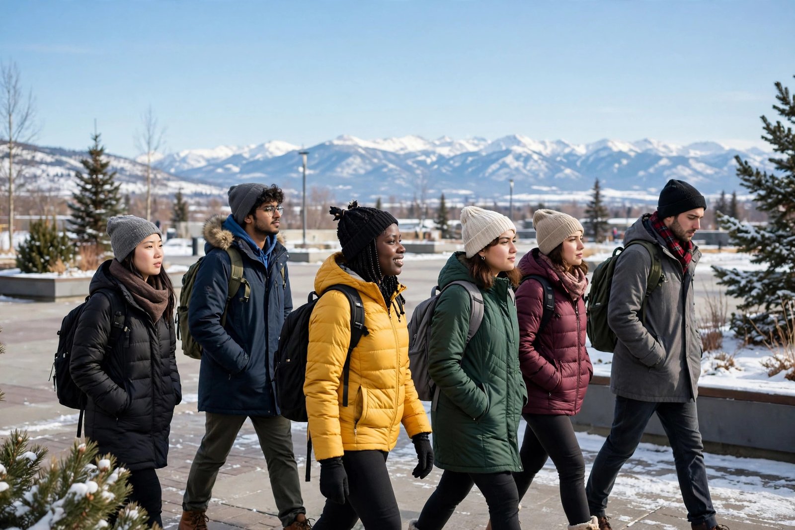International students on a modern campus plaza in Calgary with the Rocky Mountains in the distance
