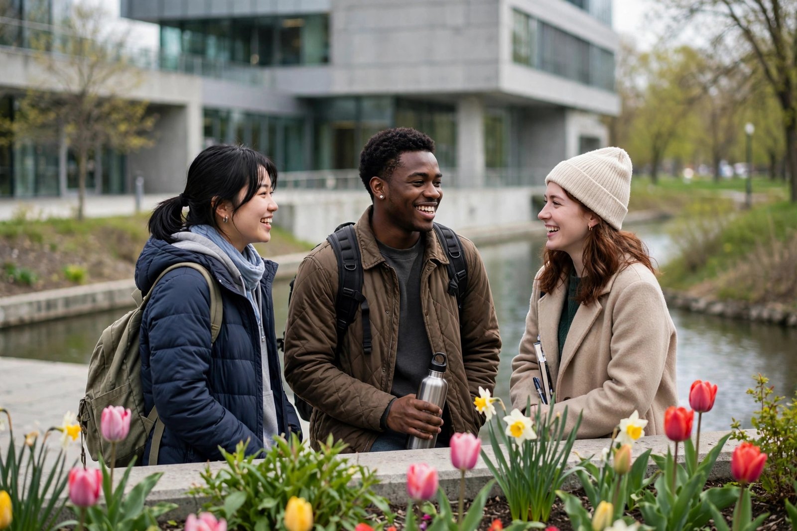 Students on a downtown campus in Ottawa near a canal in spring
