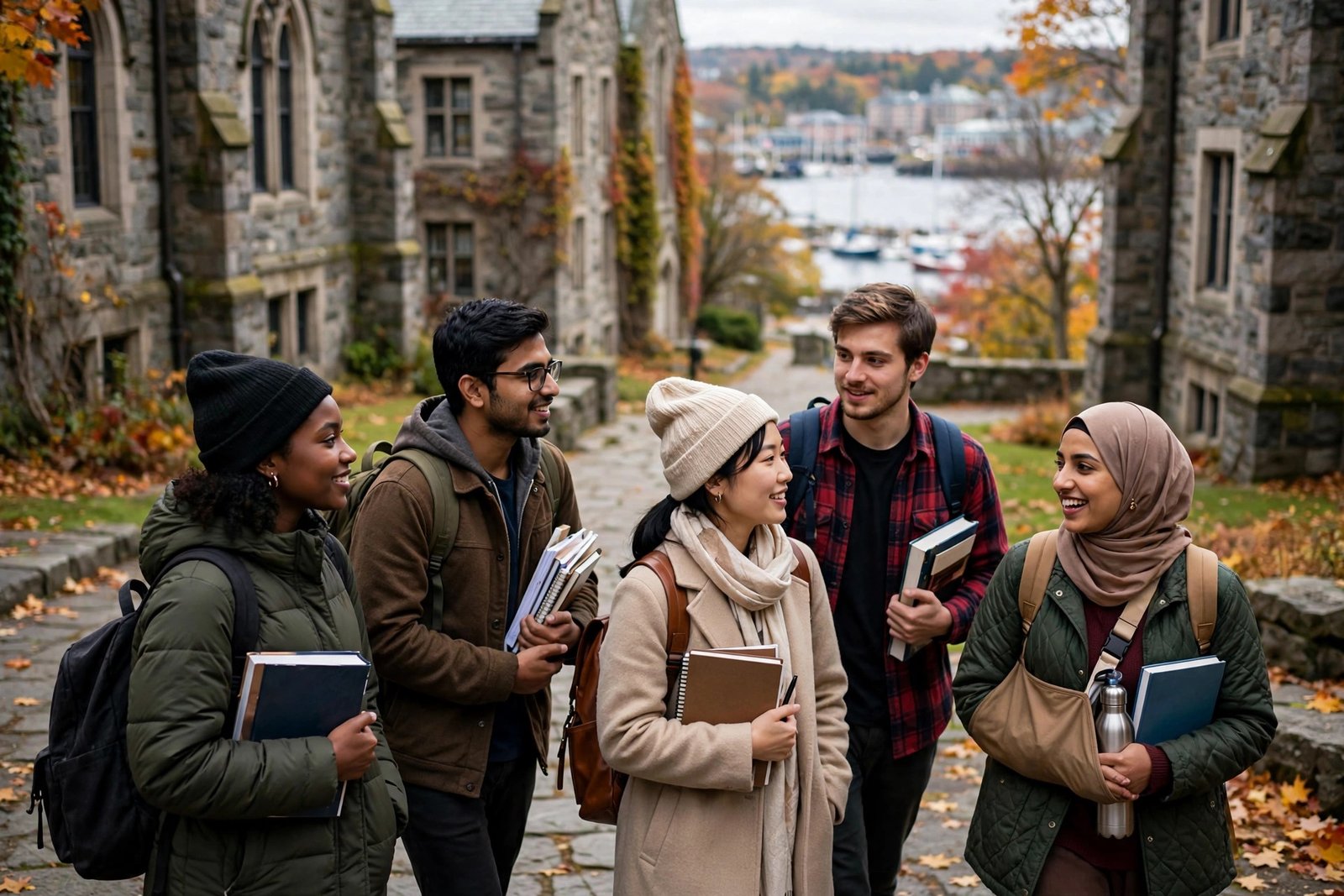 International students walking across a historic coastal university campus in Halifax, home of Dalhousie University scholarships