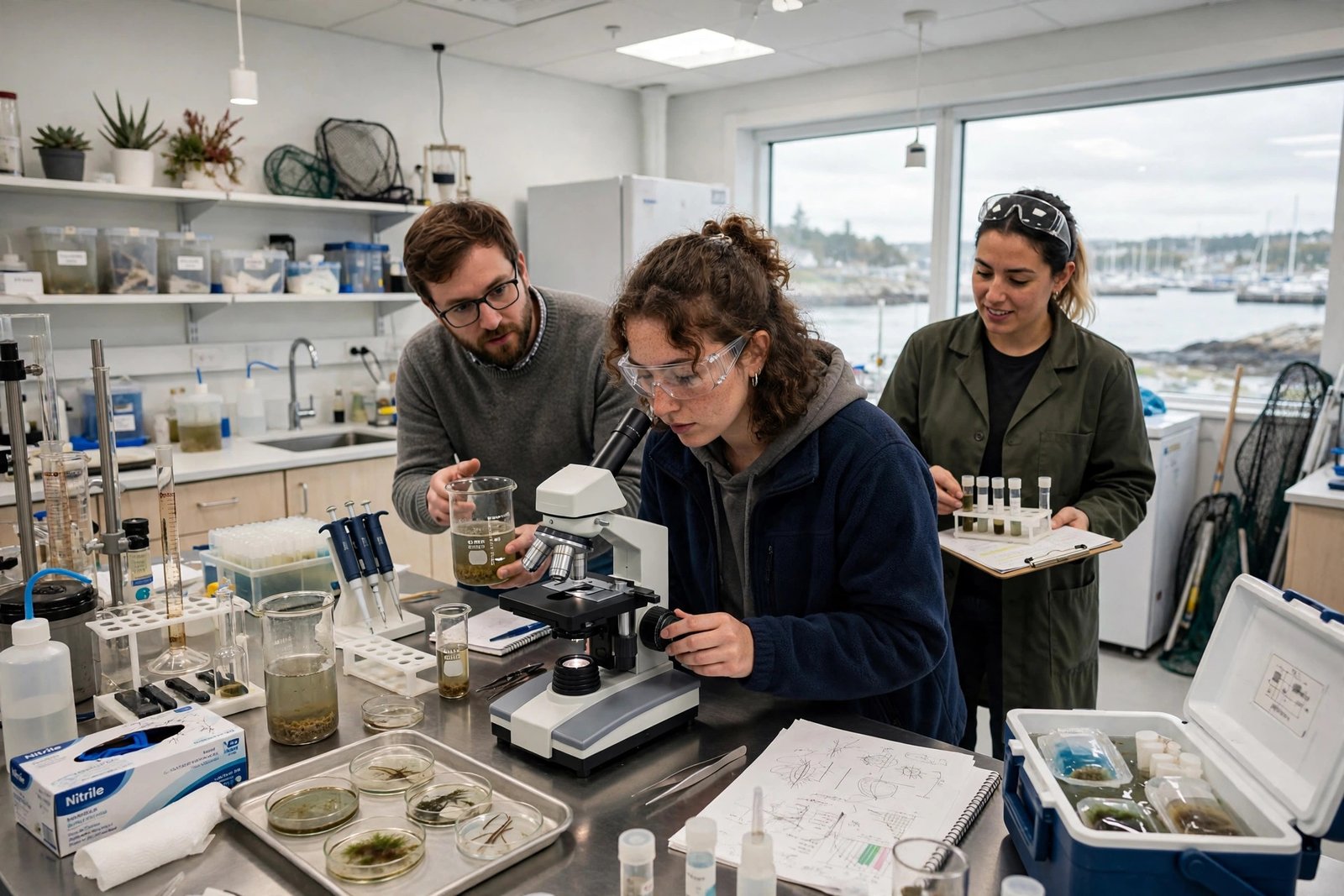 Graduate researcher examining ocean samples in a Halifax laboratory, reflecting Dalhousie graduate scholarship research