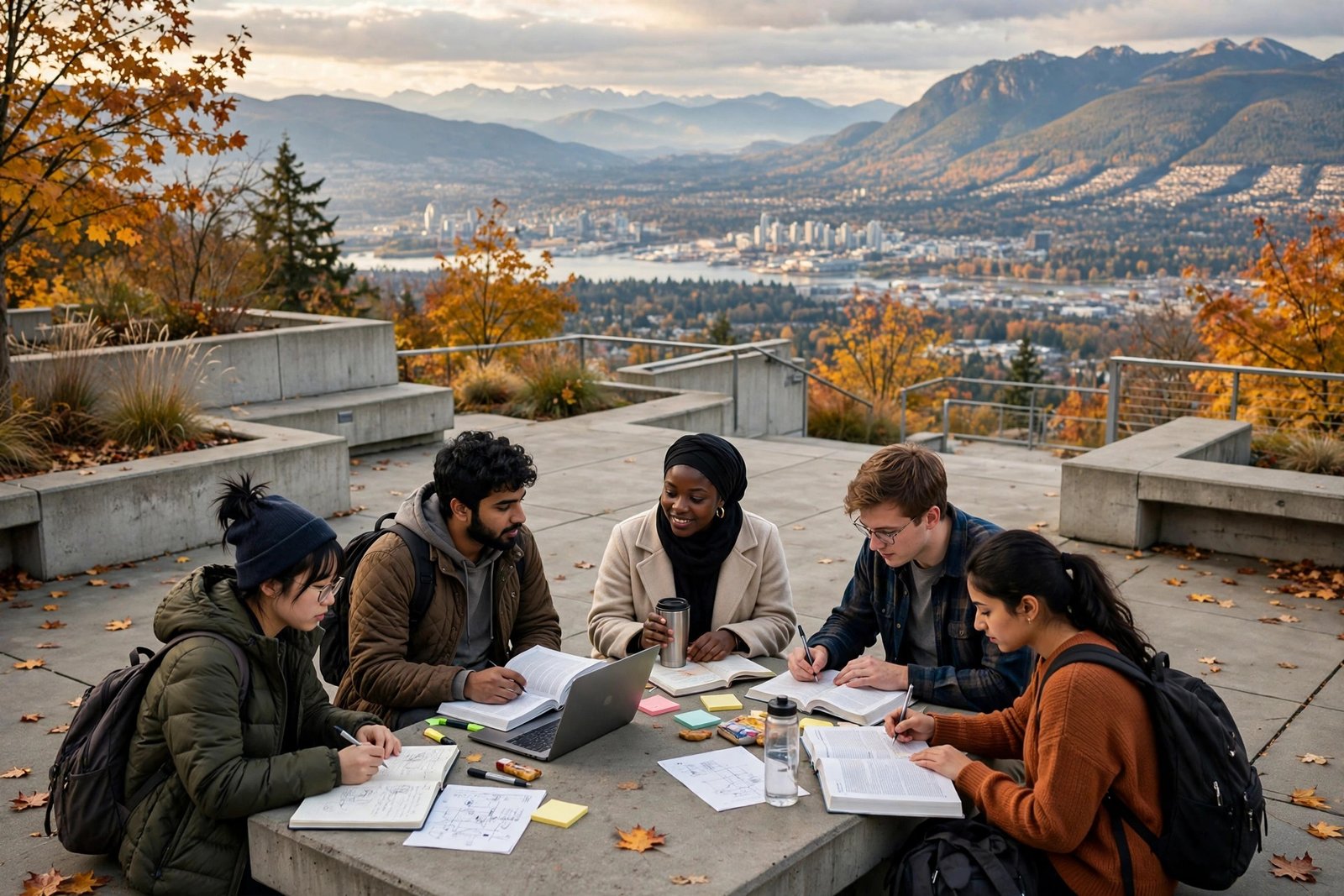 International students on a mountaintop campus plaza in Burnaby, reflecting Simon Fraser University entrance scholarships
